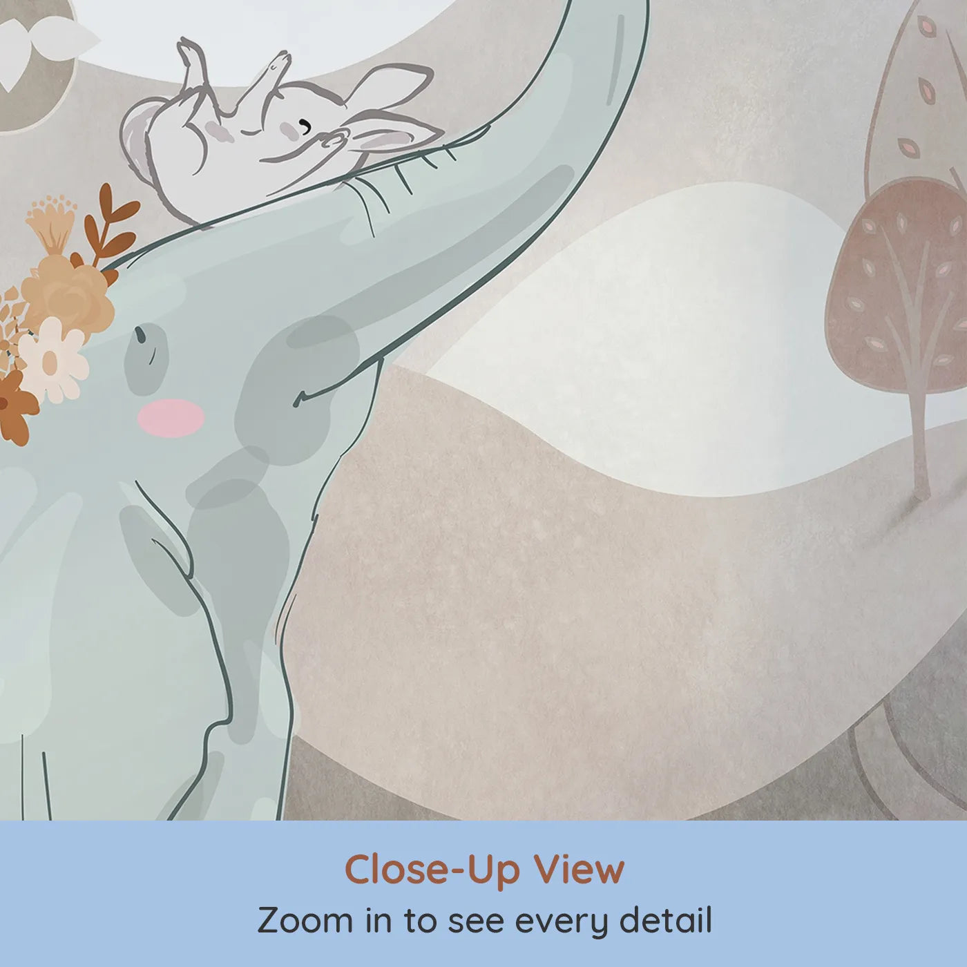 Close-up view of Whimsy Tots' Elephant and Friends Playtime Wall Mural in Brown (Turn Their Room into a Whimsical Woodland Playground).Gender-Neutral