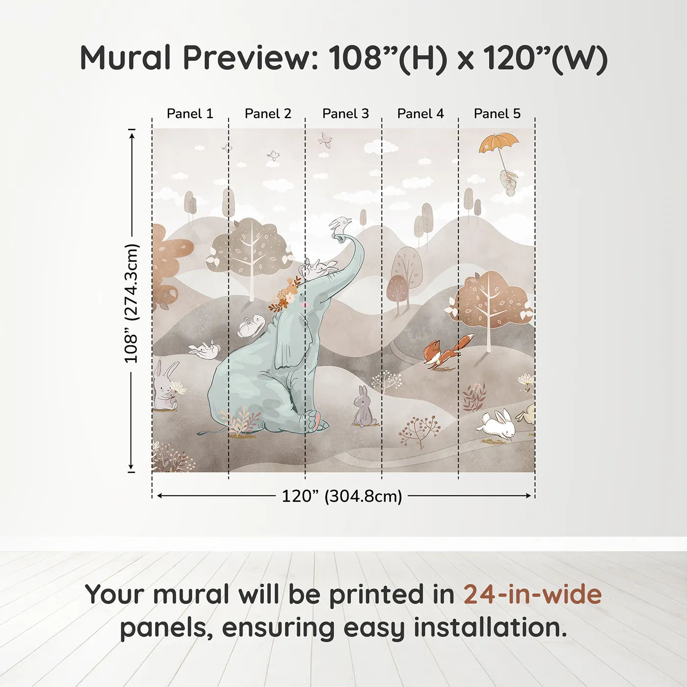 Whimsy Tots Elephant and Friends Playtime Wall Mural in Browndimension view (108" H x 120" W). Printed in five 24-inch-wide panels. Gender-Neutral