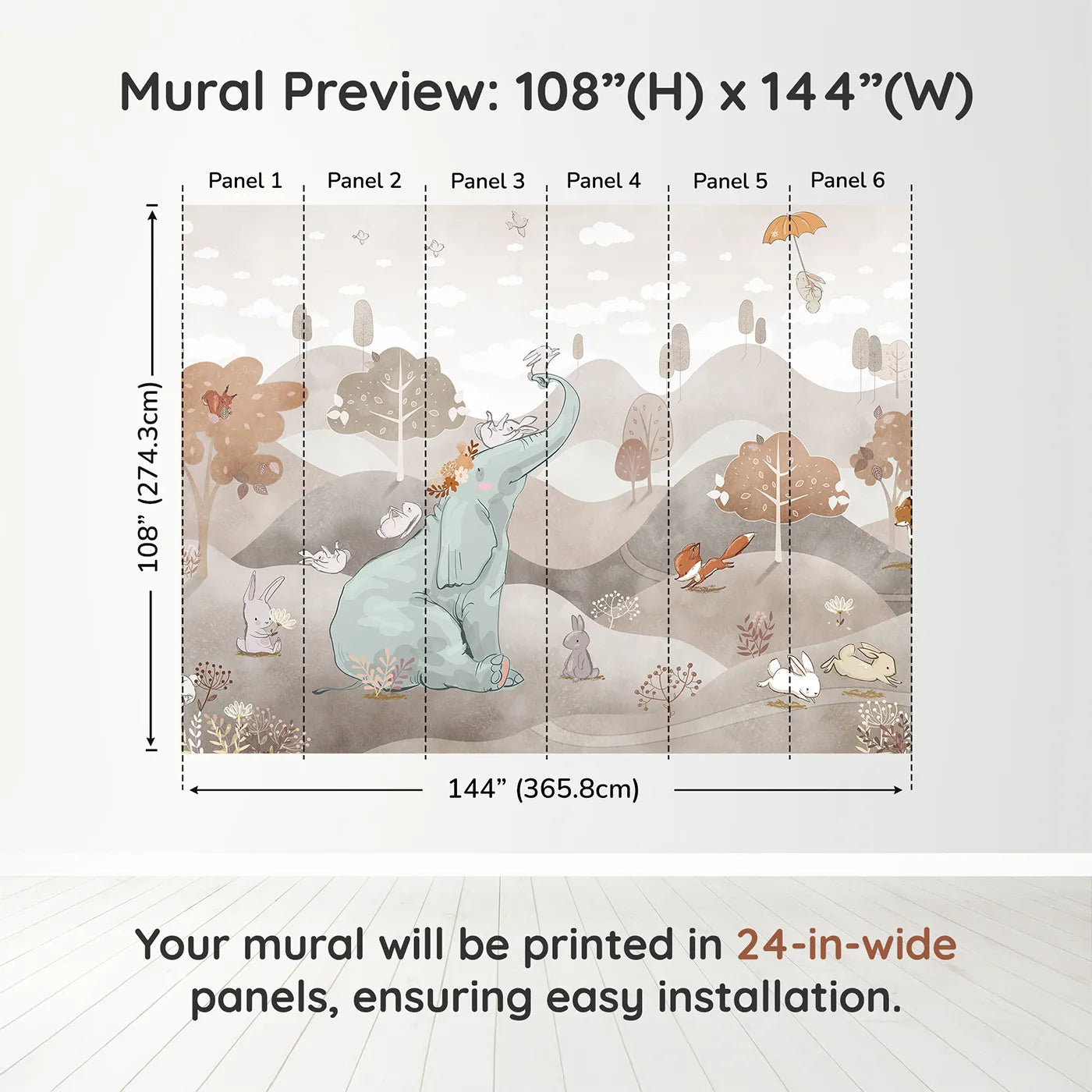 Whimsy Tots Elephant and Friends Playtime Wall Mural in Browndimension view (108" H x 144" W). Printed in six 24-inch-wide panels. Gender-Neutral
