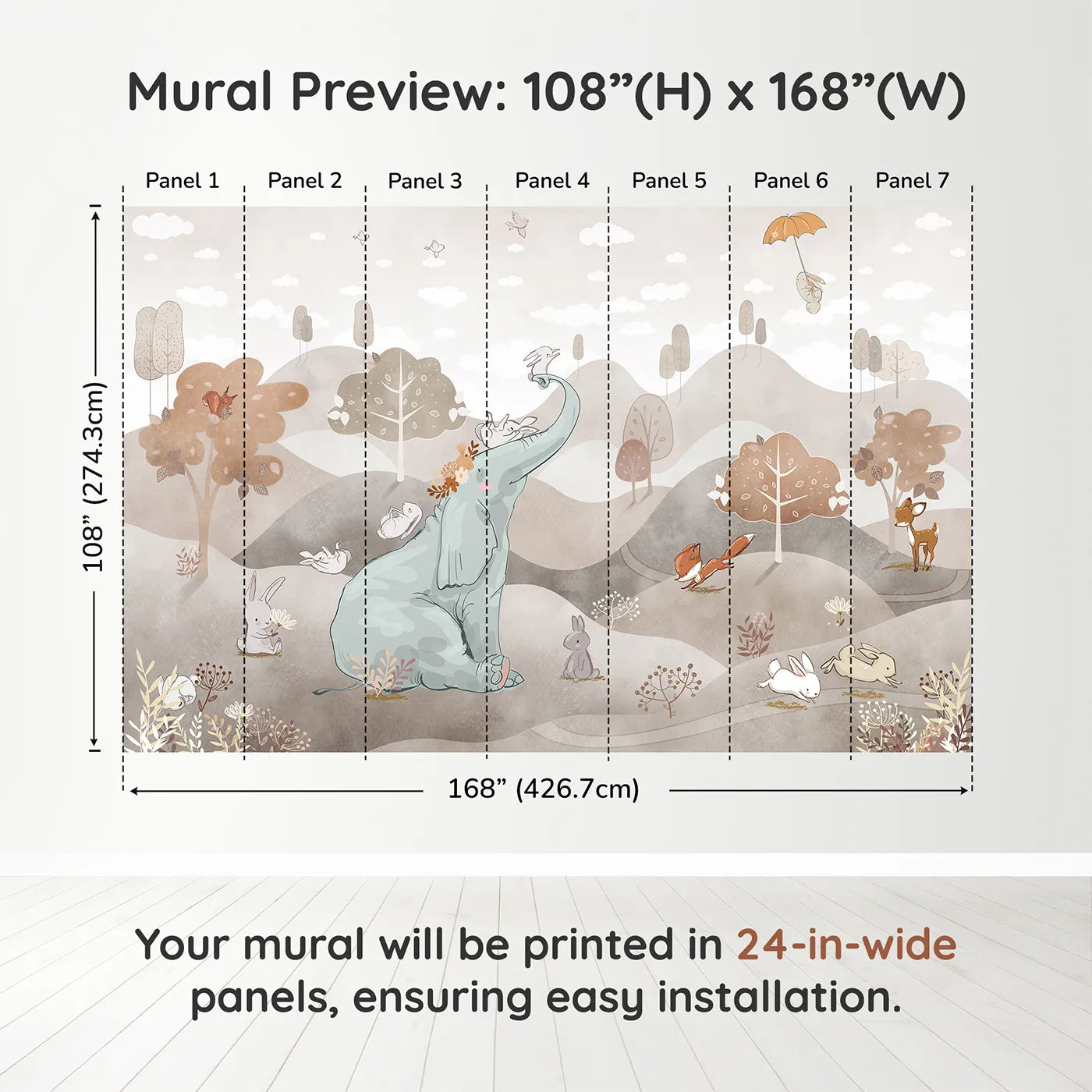 Whimsy Tots Elephant and Friends Playtime Wall Mural in Browndimension view (108" H x 168" W). Printed in seven 24-inch-wide panels. Gender-Neutral