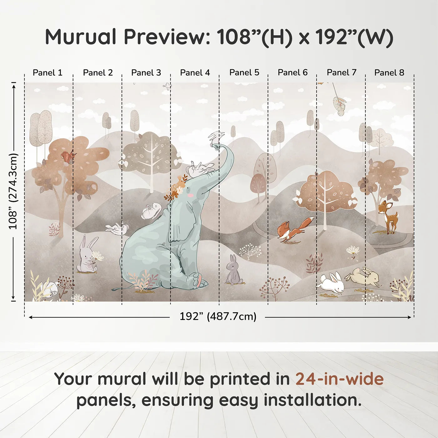 Whimsy Tots Elephant and Friends Playtime Wall Mural in Browndimension view (108" H x 192" W). Printed in eight 24-inch-wide panels. Gender-Neutral