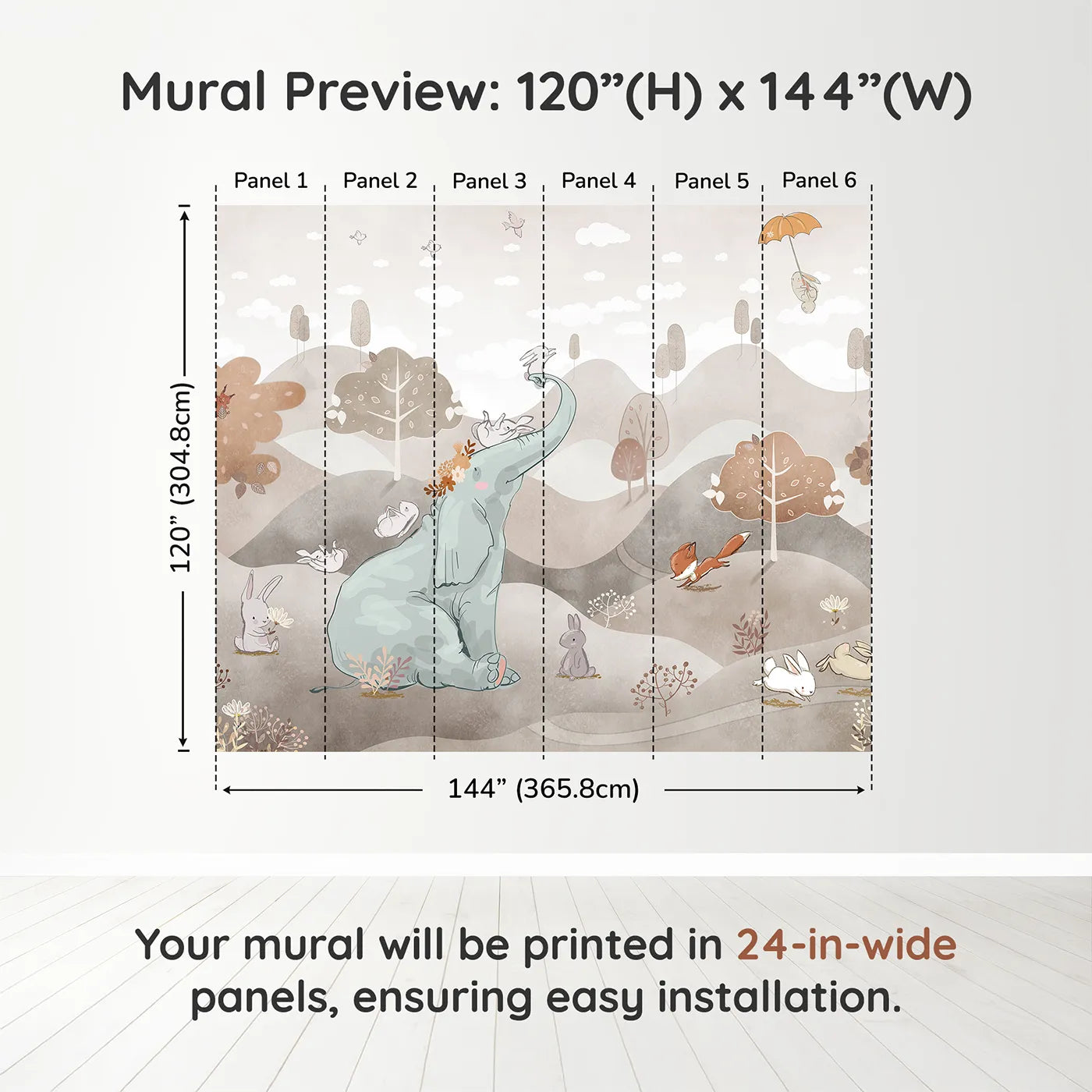 Whimsy Tots Elephant and Friends Playtime Wall Mural in Browndimension view (120" H x 144" W). Printed in six 24-inch-wide panels. Gender-Neutral