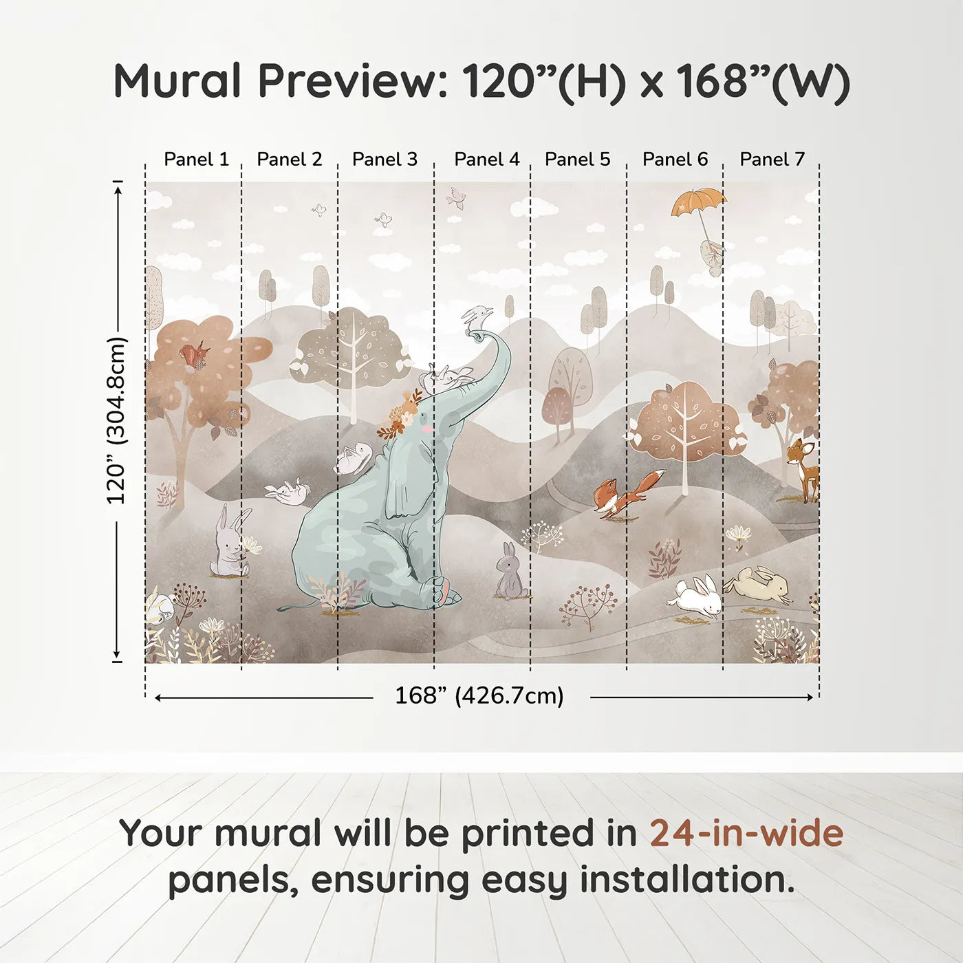 Whimsy Tots Elephant and Friends Playtime Wall Mural in Browndimension view (120" H x 168" W). Printed in seven 24-inch-wide panels. Gender-Neutral