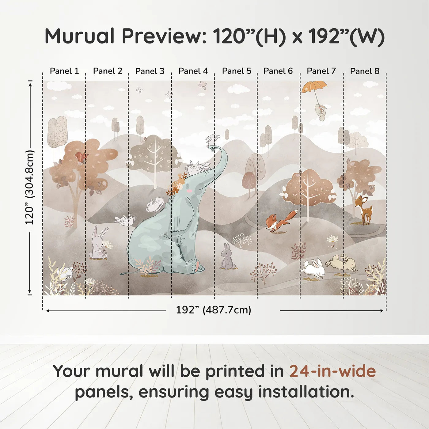 Whimsy Tots Elephant and Friends Playtime Wall Mural in Browndimension view (120" H x 192" W). Printed in eight 24-inch-wide panels. Gender-Neutral