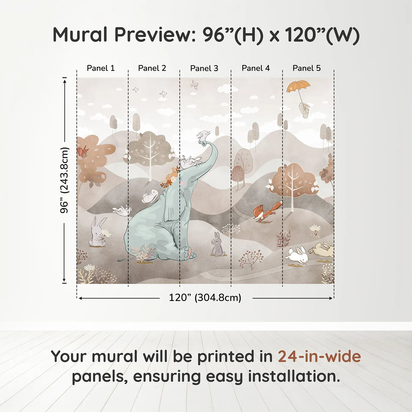 Whimsy Tots Elephant and Friends Playtime Wall Mural in Browndimension view (96" H x 120" W). Printed in five 24-inch-wide panels. Gender-Neutral