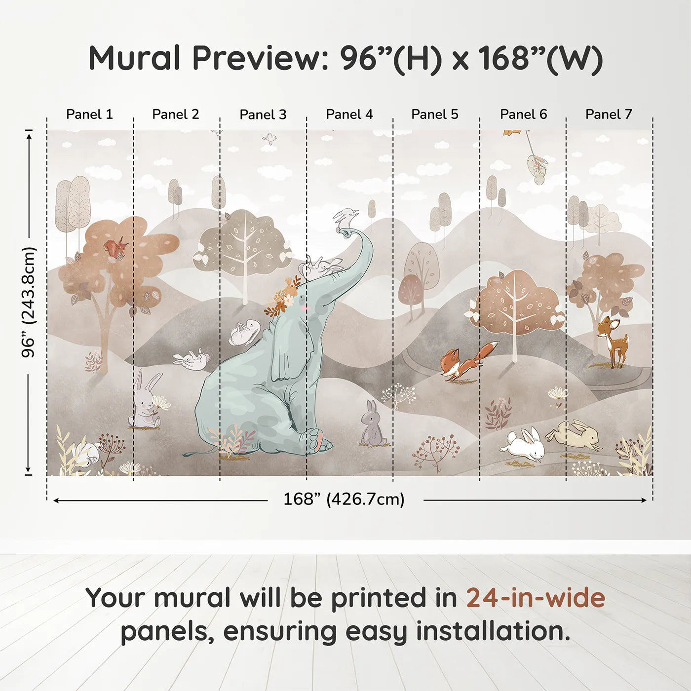 Whimsy Tots Elephant and Friends Playtime Wall Mural in Browndimension view (96" H x 168" W). Printed in seven 24-inch-wide panels. Gender-Neutral