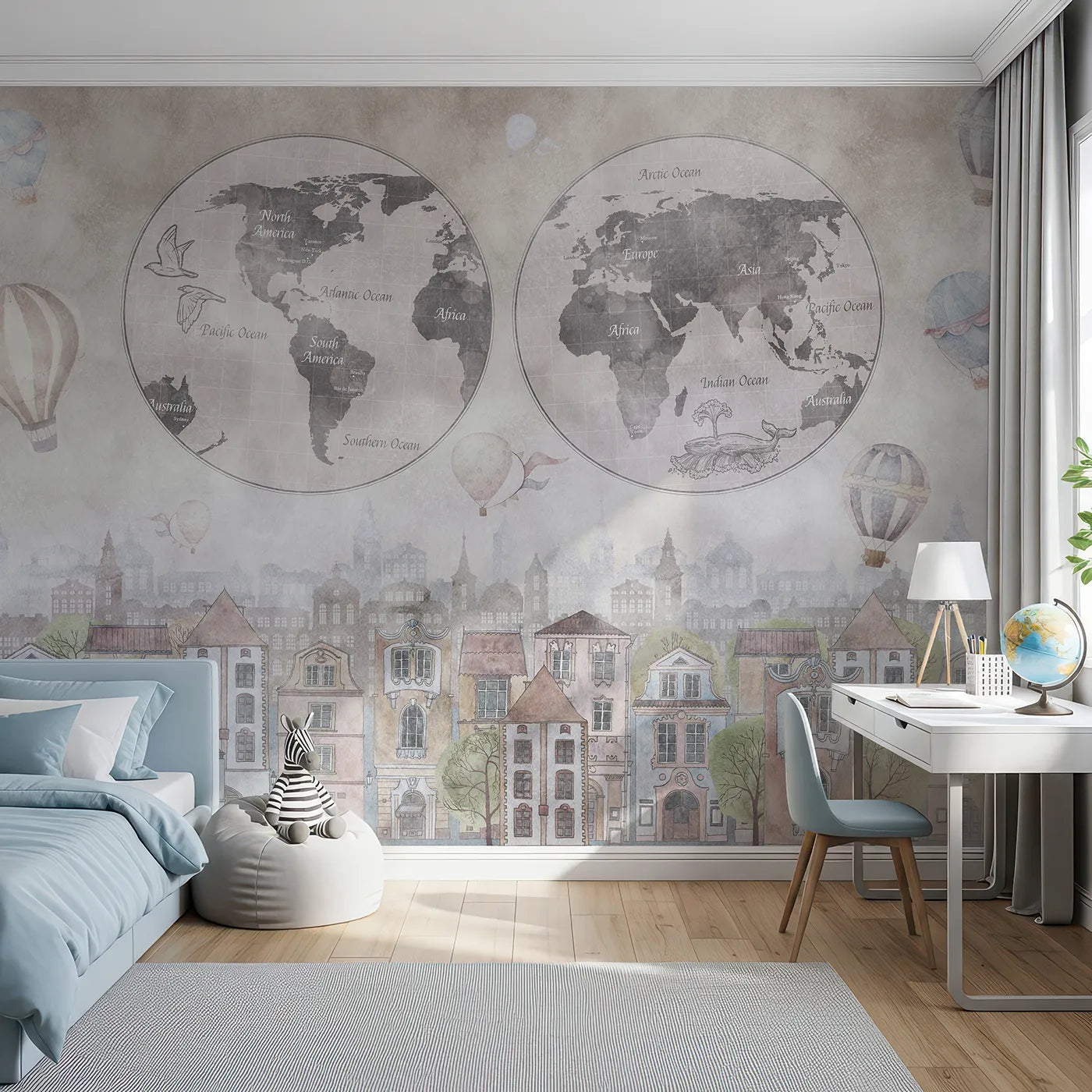Front view of Whimsy Tots' Vintage City and World Map Wall Mural