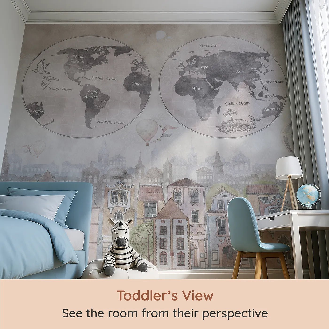 Whimsy Tots Vintage City and World Map Wall Mural (Turn Their Room into a Grand, Old-World Adventure) from your child's view.Gender-Neutral