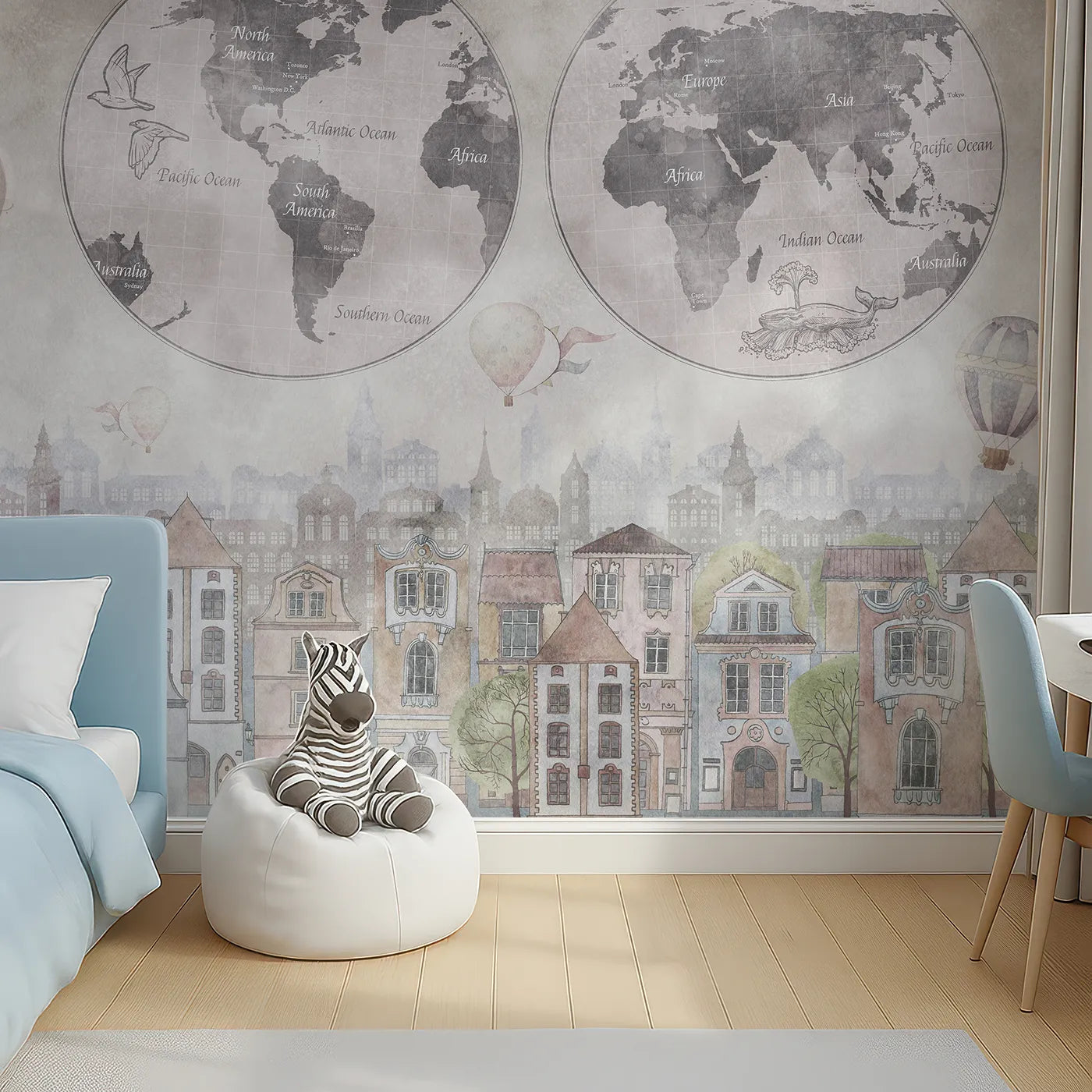 Top-down view of Whimsy Tots' Vintage City and World Map Wall Mural (Turn Their Room into a Grand, Old-World Adventure).Gender-Neutral
