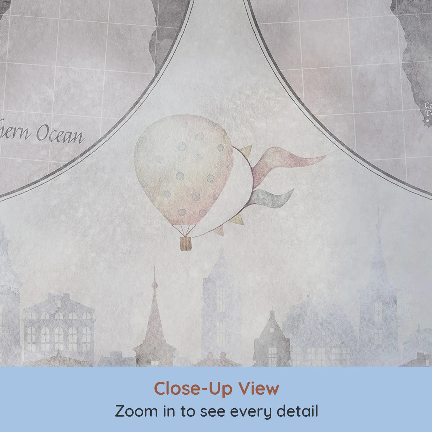 Close-up view of Whimsy Tots' Vintage City and World Map Wall Mural (Turn Their Room into a Grand, Old-World Adventure).Gender-Neutral