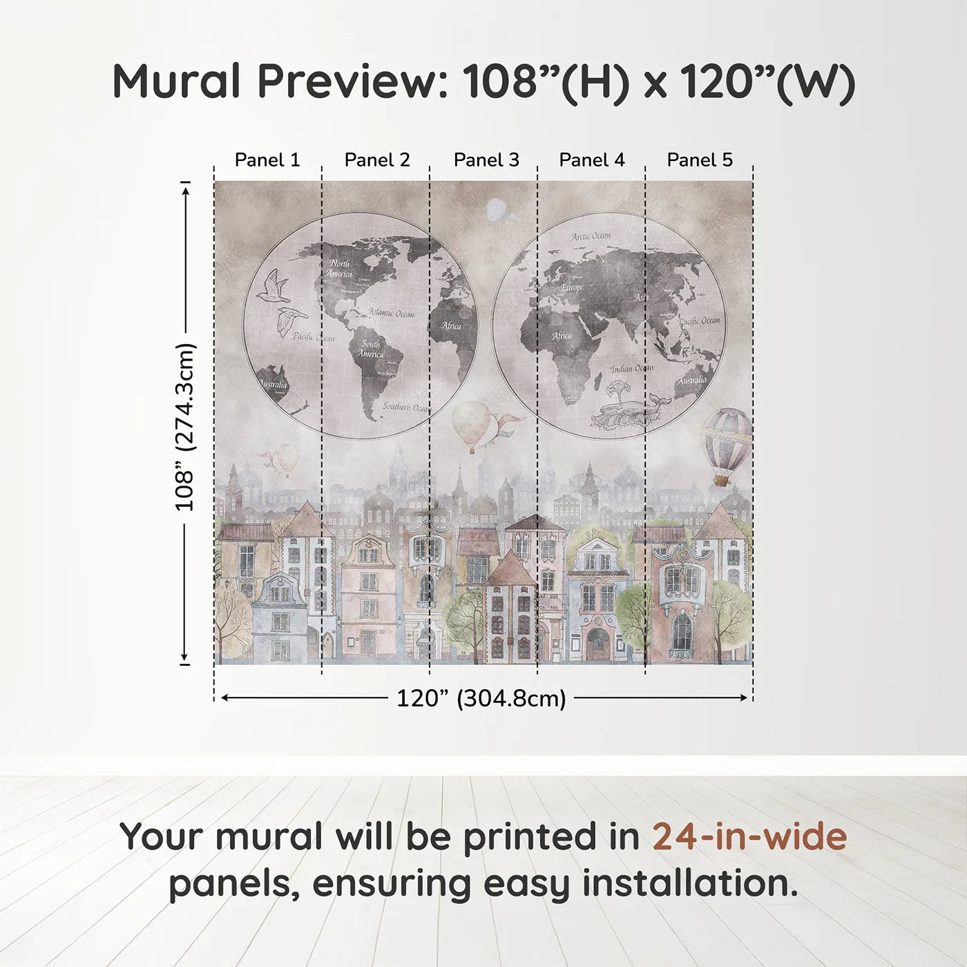 Whimsy Tots Vintage City and World Map Wall Muraldimension view (108" H x 120" W). Printed in five 24-inch-wide panels. Gender-Neutral