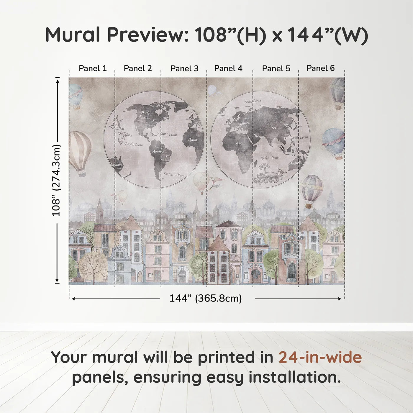 Whimsy Tots Vintage City and World Map Wall Muraldimension view (108" H x 144" W). Printed in six 24-inch-wide panels. Gender-Neutral