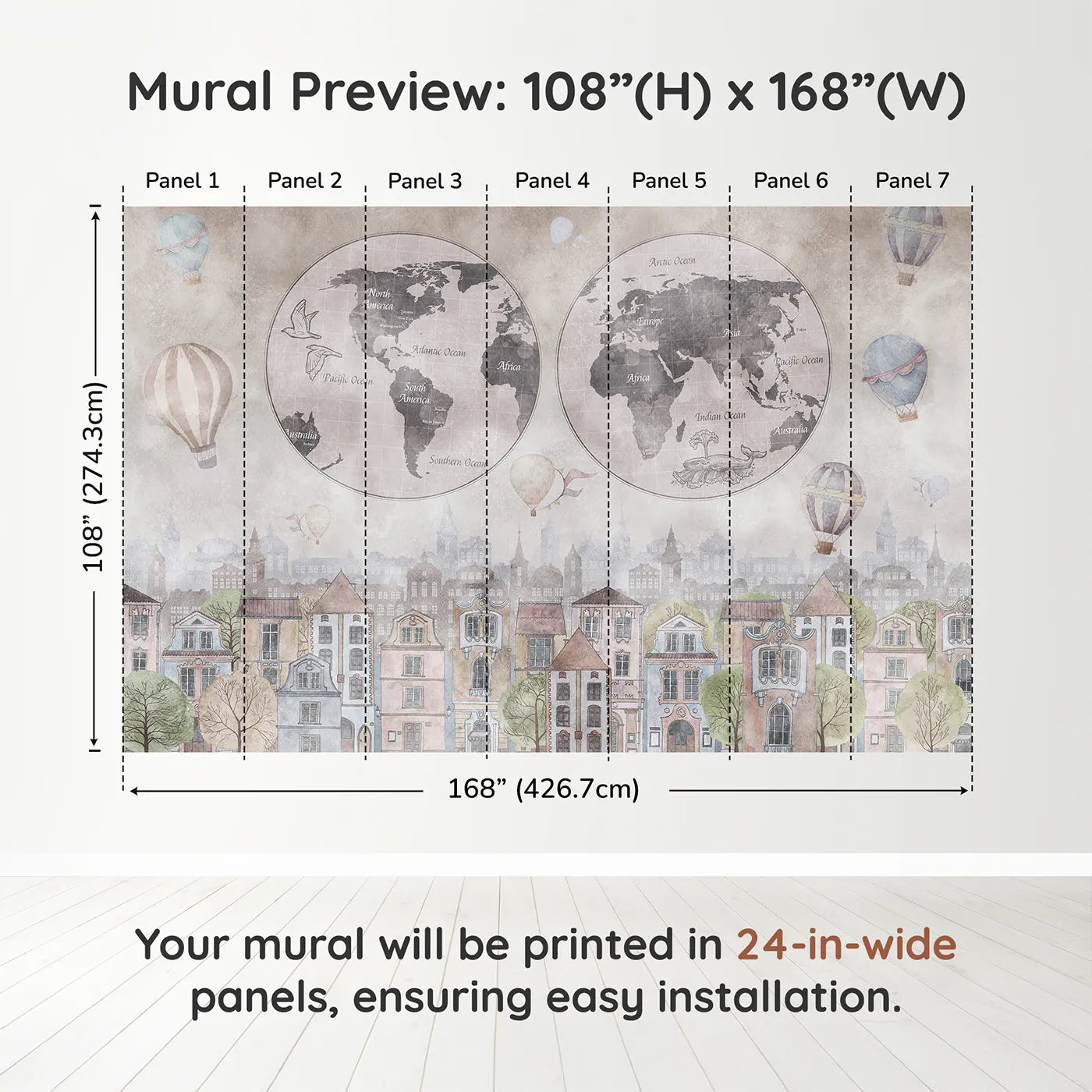 Whimsy Tots Vintage City and World Map Wall Muraldimension view (108" H x 168" W). Printed in seven 24-inch-wide panels. Gender-Neutral