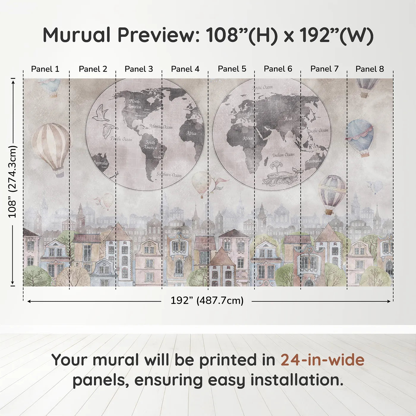 Whimsy Tots Vintage City and World Map Wall Muraldimension view (108" H x 192" W). Printed in eight 24-inch-wide panels. Gender-Neutral