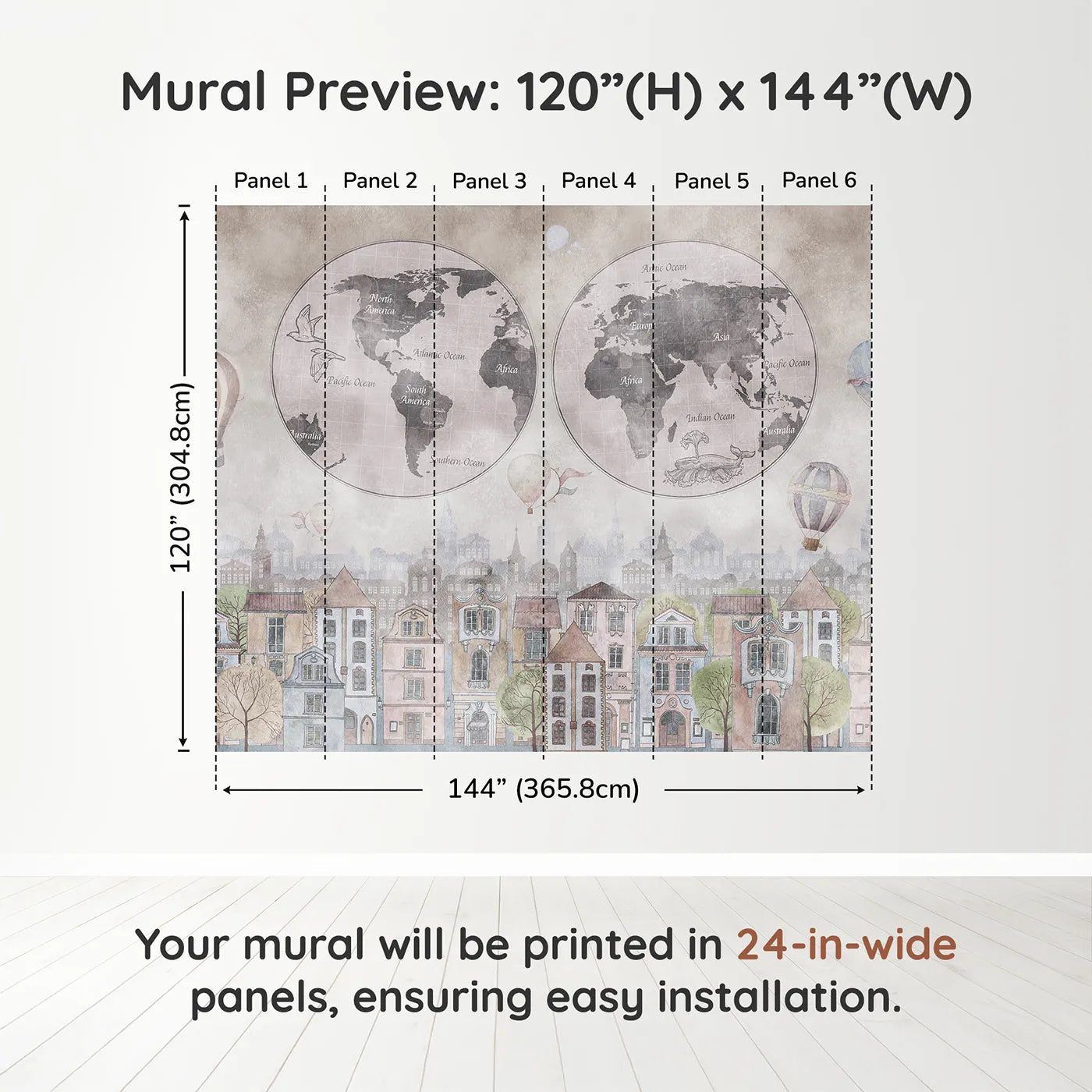 Whimsy Tots Vintage City and World Map Wall Muraldimension view (120" H x 144" W). Printed in six 24-inch-wide panels. Gender-Neutral