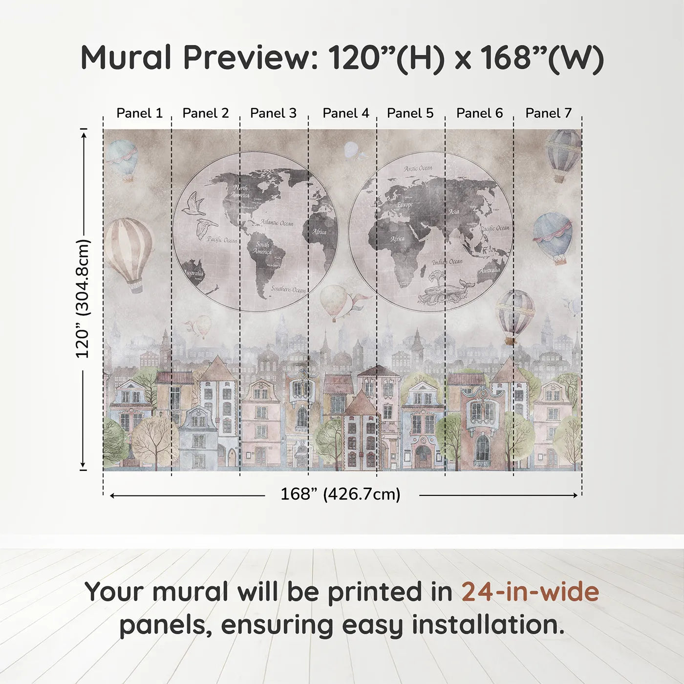 Whimsy Tots Vintage City and World Map Wall Muraldimension view (120" H x 168" W). Printed in seven 24-inch-wide panels. Gender-Neutral