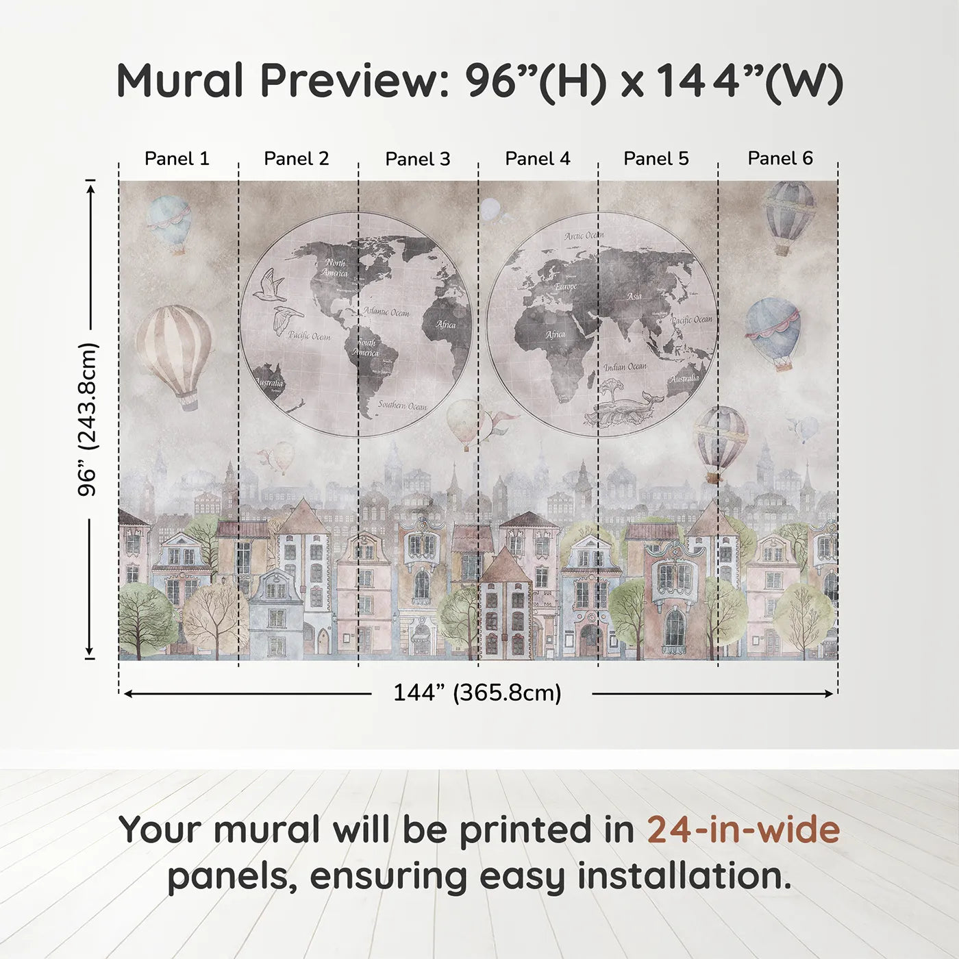 Whimsy Tots Vintage City and World Map Wall Muraldimension view (96" H x 144" W). Printed in six 24-inch-wide panels. Gender-Neutral