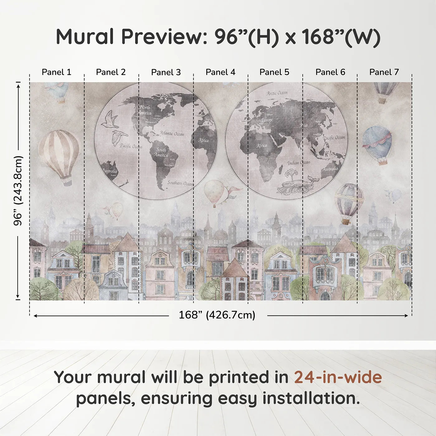 Whimsy Tots Vintage City and World Map Wall Muraldimension view (96" H x 168" W). Printed in seven 24-inch-wide panels. Gender-Neutral