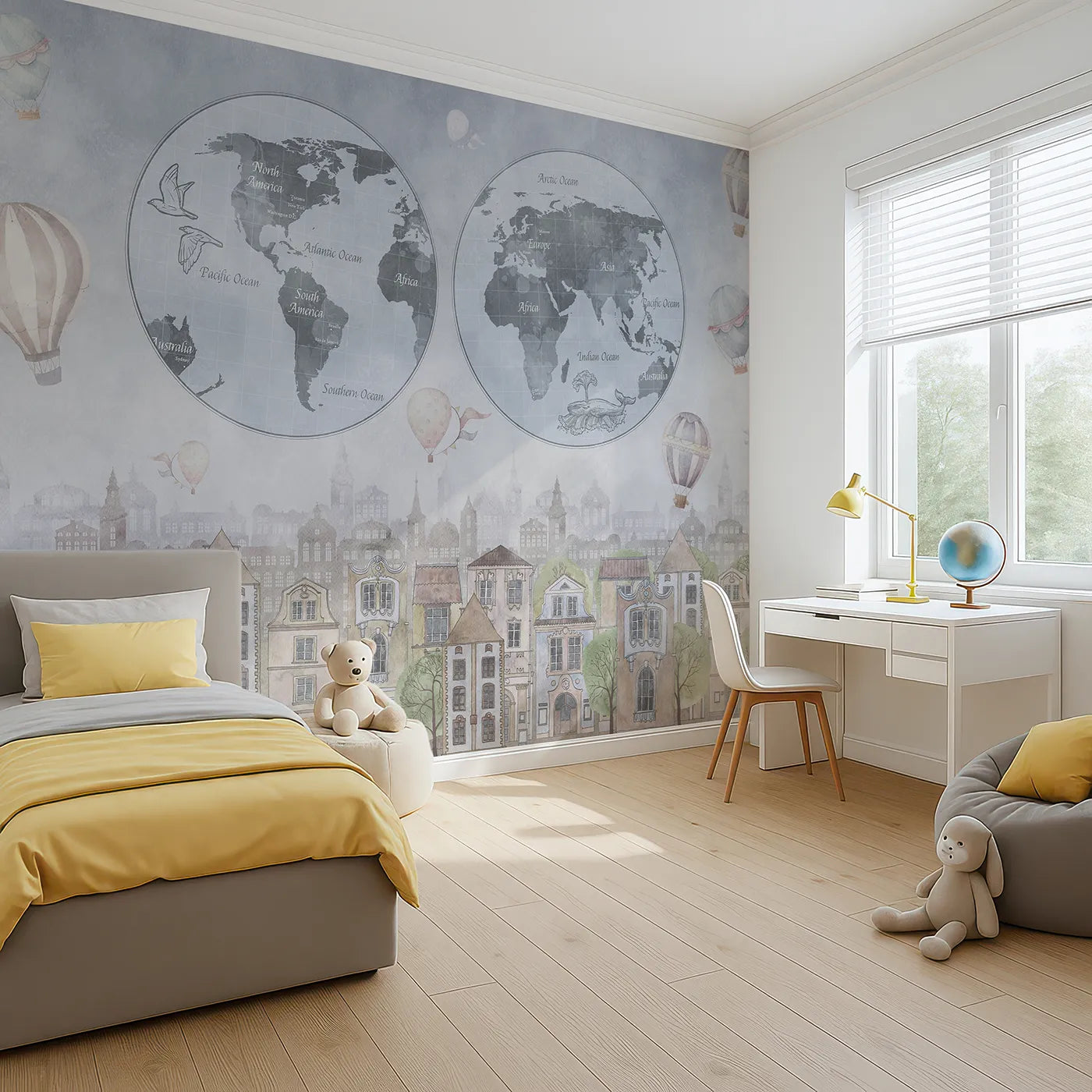 Angled view of Whimsy Tots' Vintage City and World Map Wall Mural in Blue (Turn Their Room into a Grand, Old-World Adventure).Gender-Neutral
