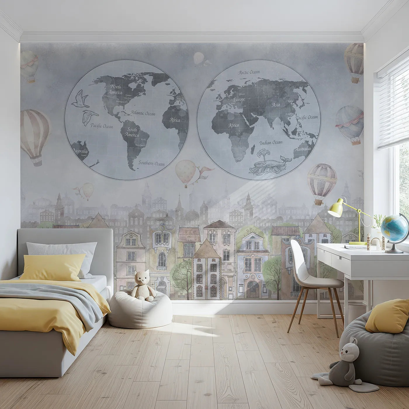 Front view of Whimsy Tots' Vintage City and World Map Wall Mural in Blue