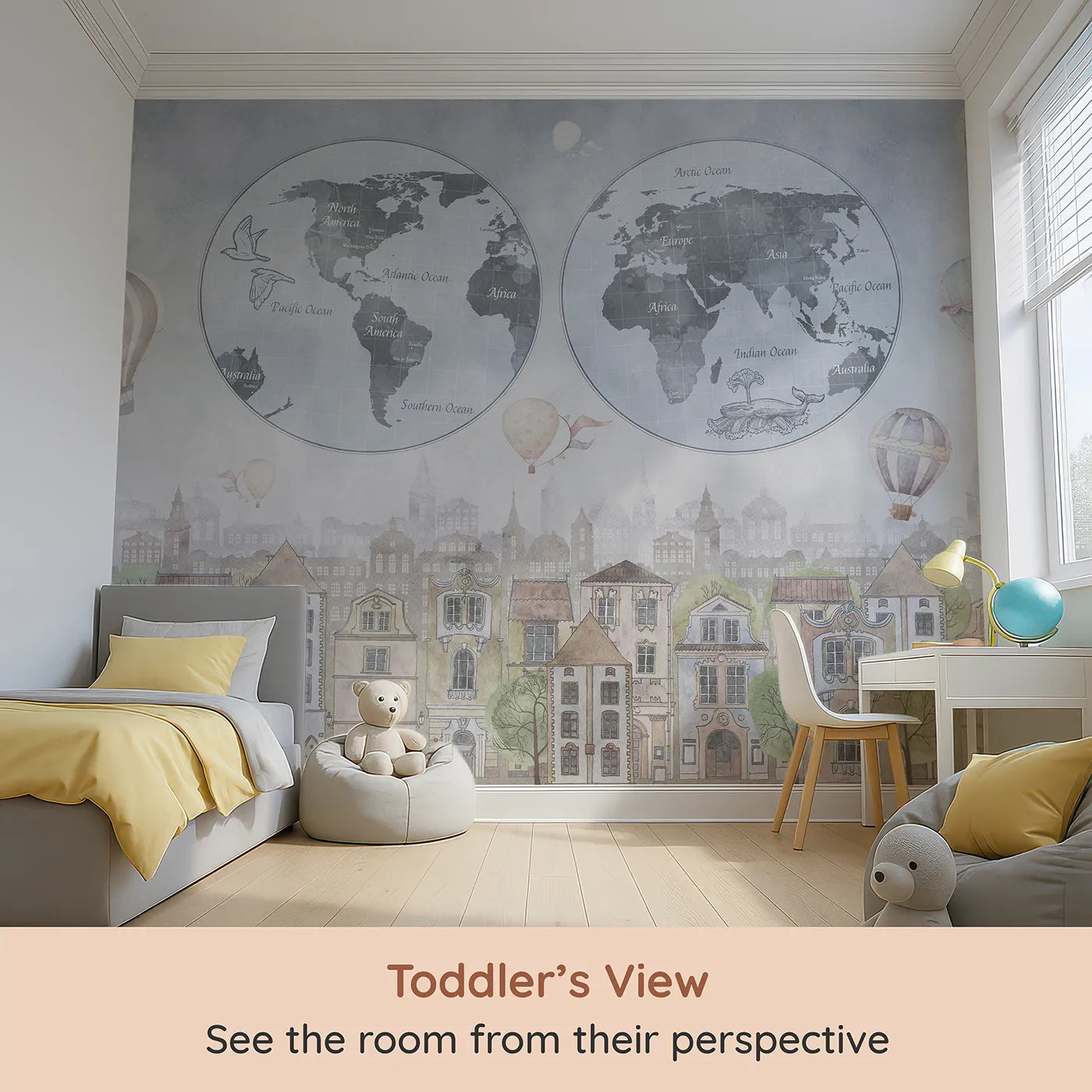 Whimsy Tots Vintage City and World Map Wall Mural in Blue (Turn Their Room into a Grand, Old-World Adventure) from your child's view.Gender-Neutral