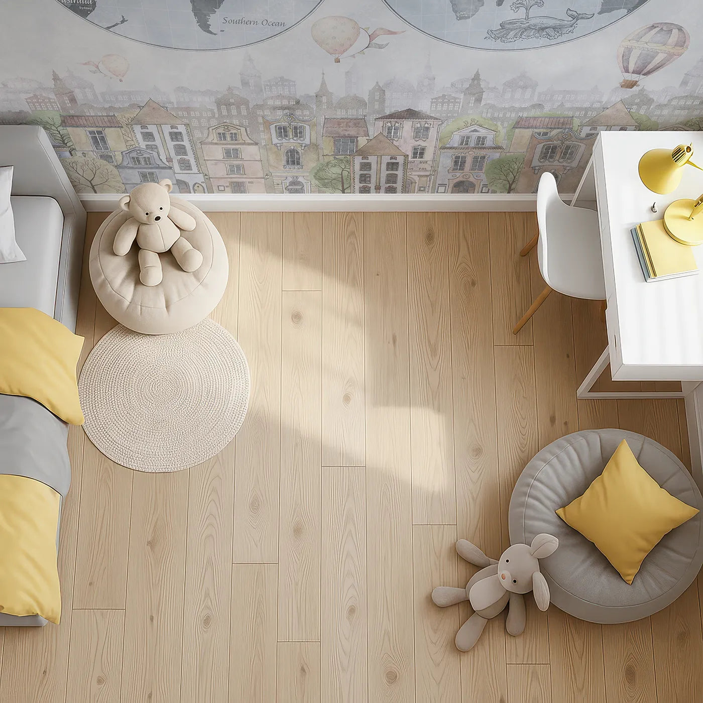 Top-down view of Whimsy Tots' Vintage City and World Map Wall Mural in Blue (Turn Their Room into a Grand, Old-World Adventure).Gender-Neutral