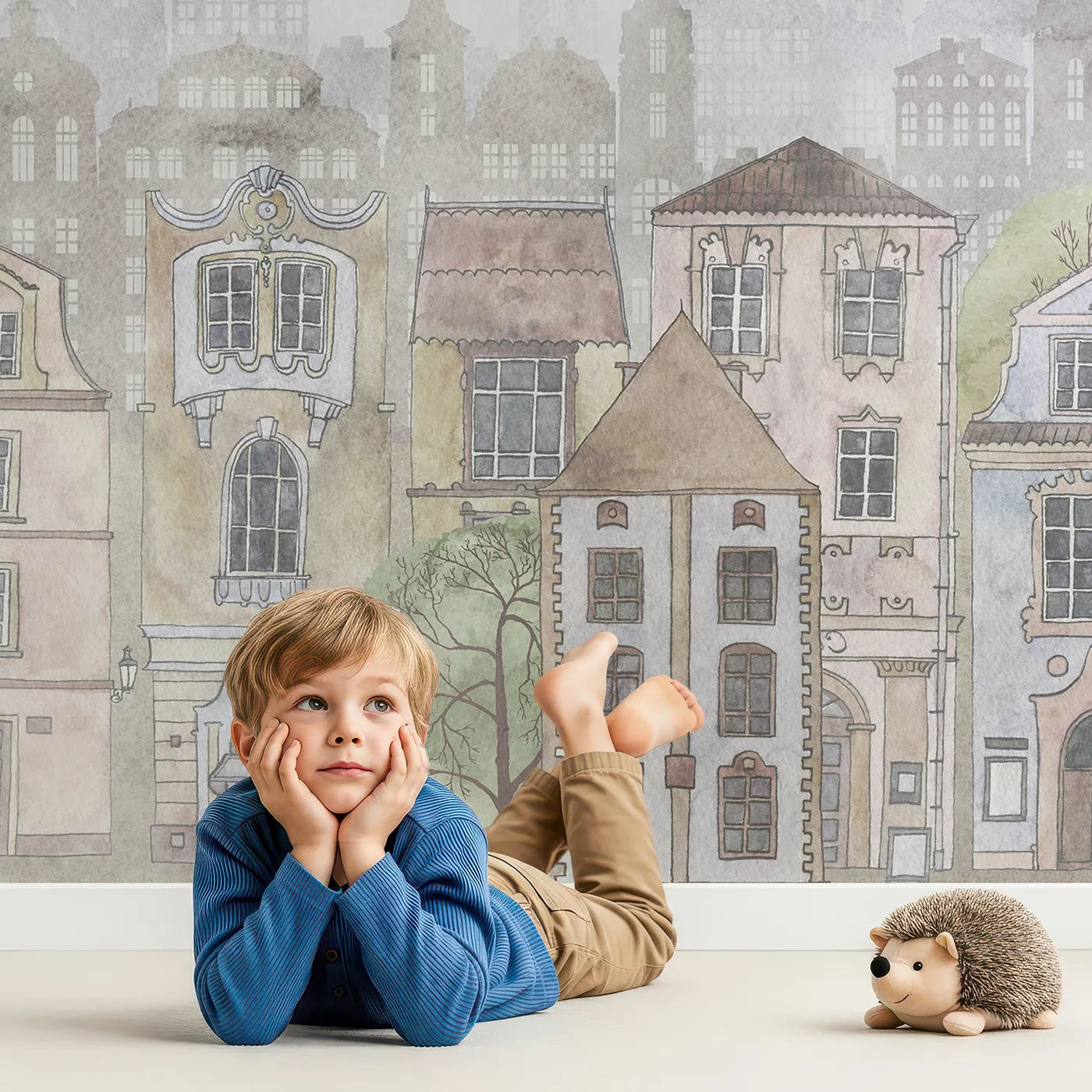 Child in front of Whimsy Tots Vintage City and World Map Wall Mural in Blue with map, world, vintage, city, travel, educational, balloon, blue in design.