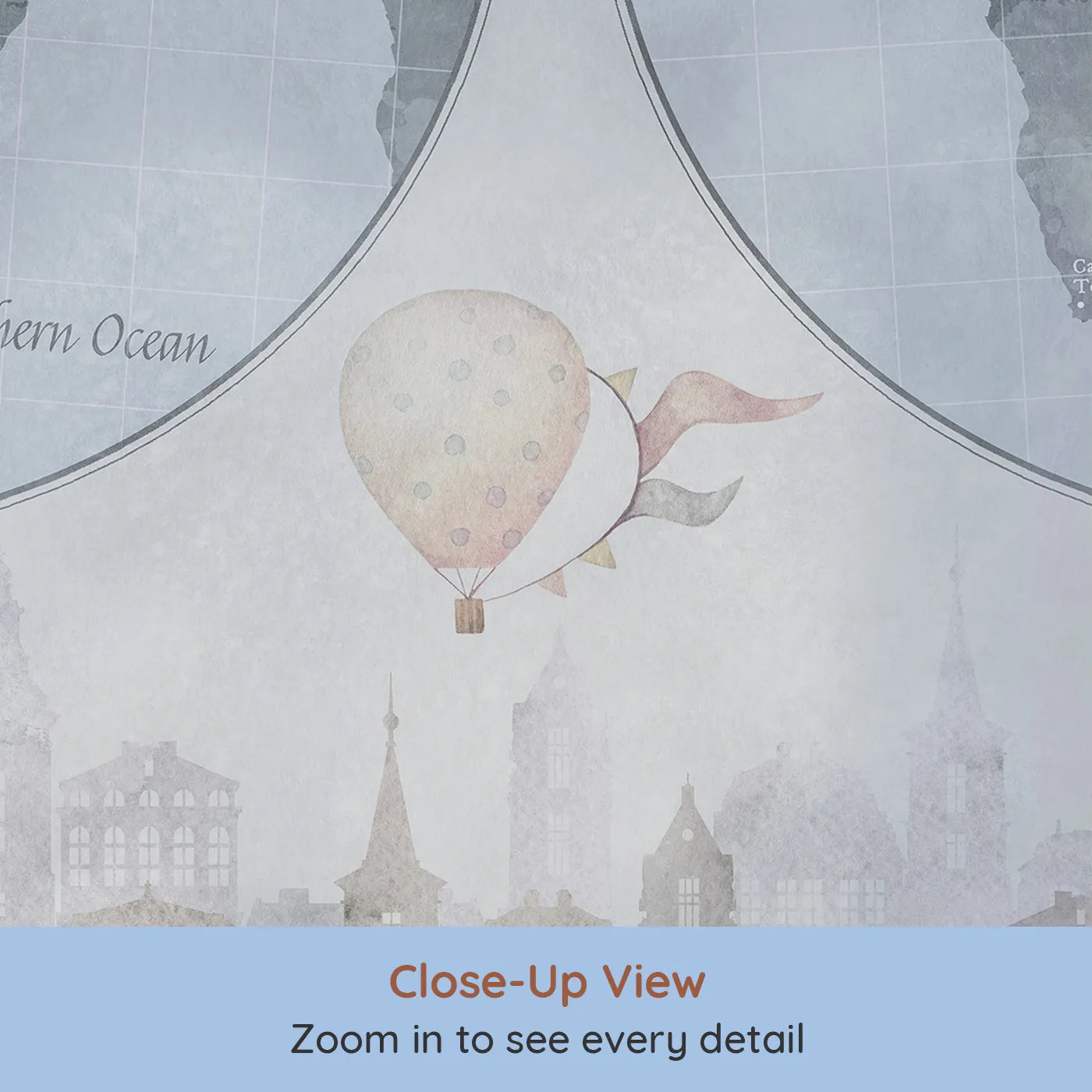 Close-up view of Whimsy Tots' Vintage City and World Map Wall Mural in Blue (Turn Their Room into a Grand, Old-World Adventure).Gender-Neutral
