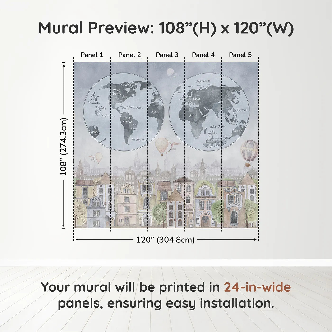 Whimsy Tots Vintage City and World Map Wall Mural in Bluedimension view (108" H x 120" W). Printed in five 24-inch-wide panels. Gender-Neutral
