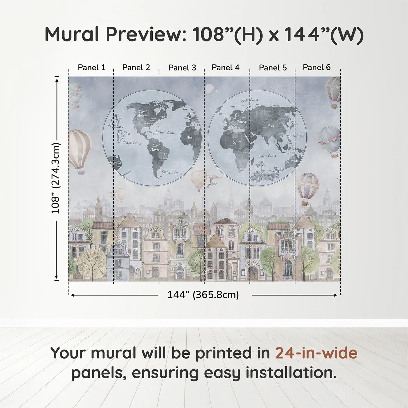 Whimsy Tots Vintage City and World Map Wall Mural in Bluedimension view (108" H x 144" W). Printed in six 24-inch-wide panels. Gender-Neutral