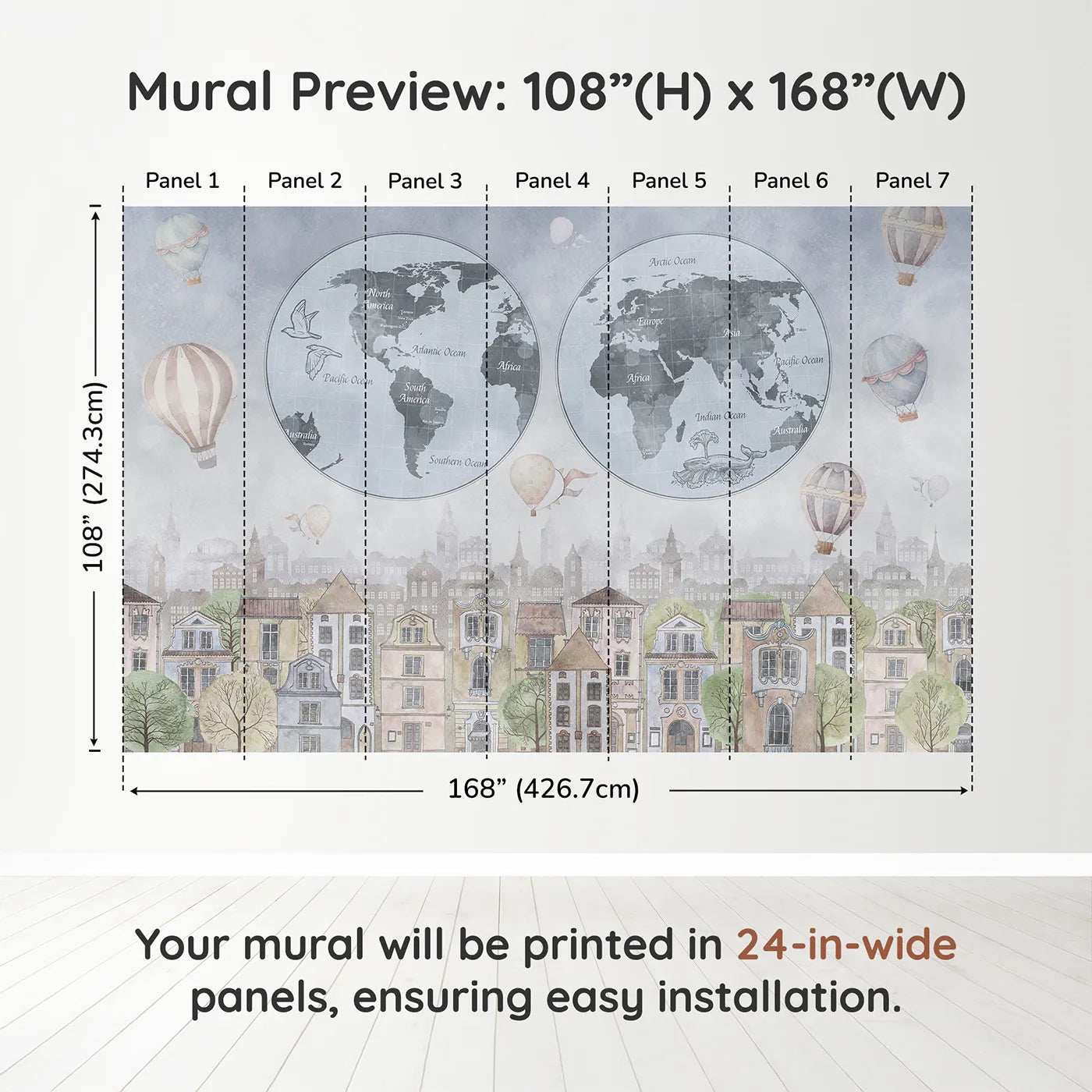 Whimsy Tots Vintage City and World Map Wall Mural in Bluedimension view (108" H x 168" W). Printed in seven 24-inch-wide panels. Gender-Neutral