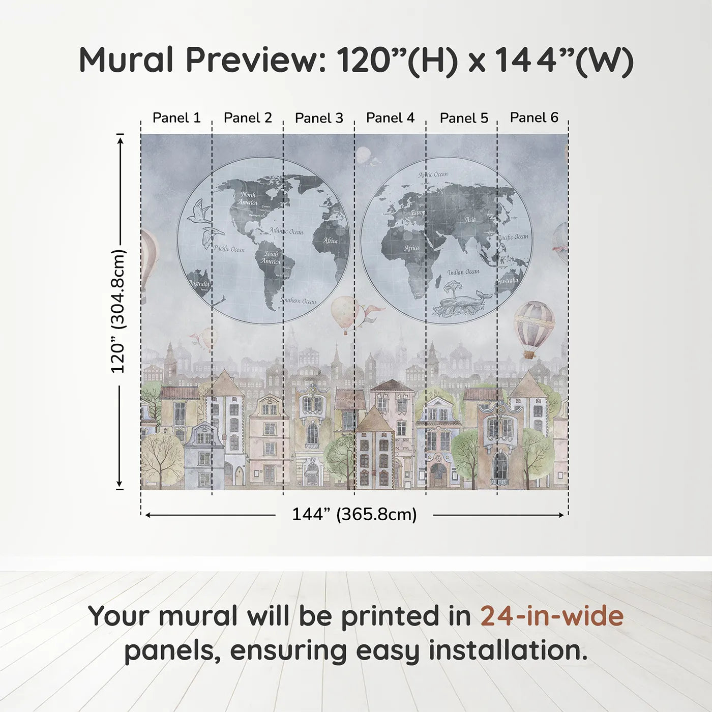 Whimsy Tots Vintage City and World Map Wall Mural in Bluedimension view (120" H x 144" W). Printed in six 24-inch-wide panels. Gender-Neutral
