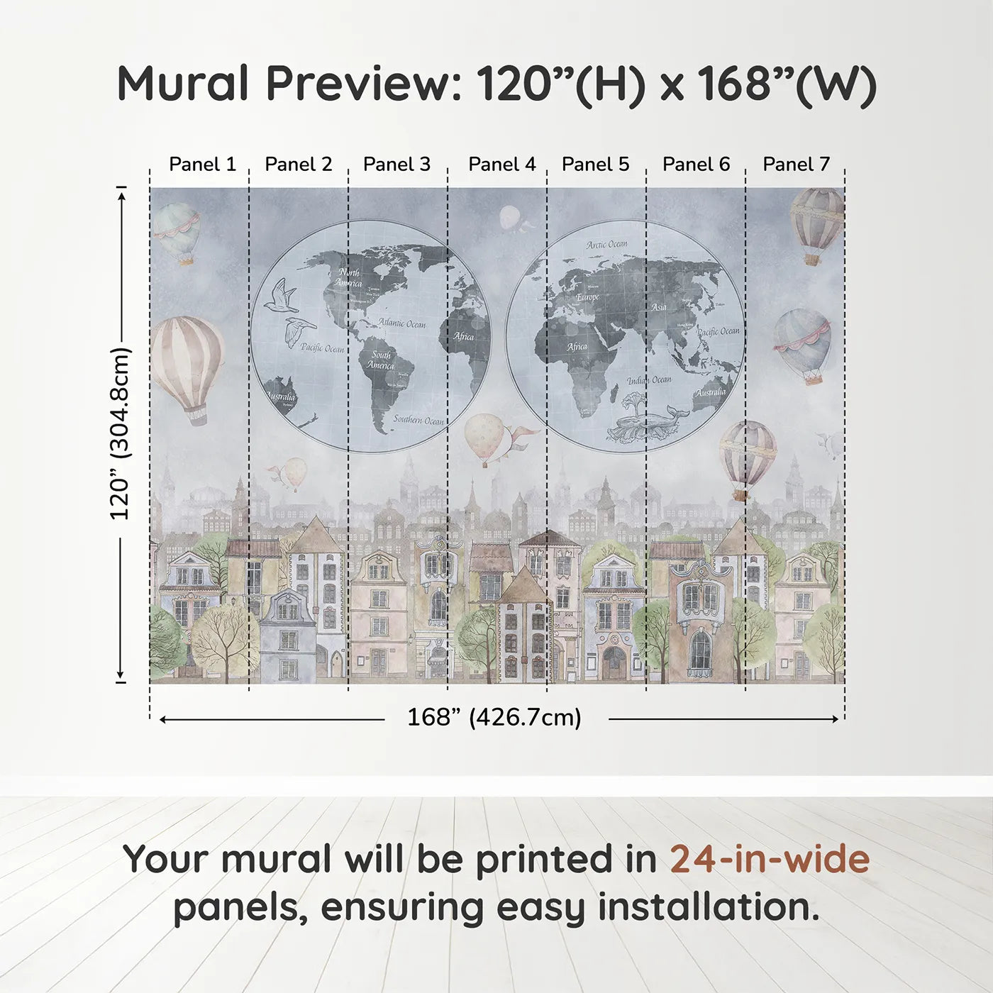 Whimsy Tots Vintage City and World Map Wall Mural in Bluedimension view (120" H x 168" W). Printed in seven 24-inch-wide panels. Gender-Neutral