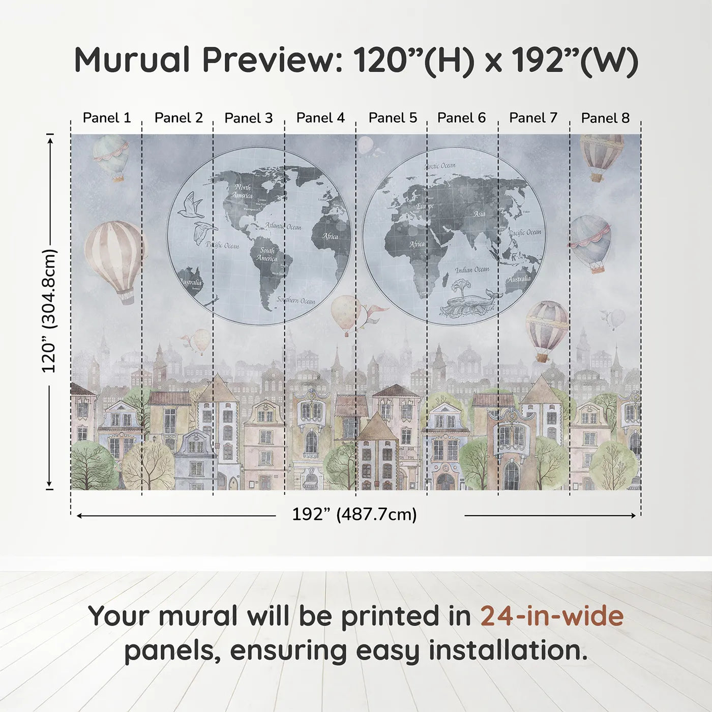 Whimsy Tots Vintage City and World Map Wall Mural in Bluedimension view (120" H x 192" W). Printed in eight 24-inch-wide panels. Gender-Neutral