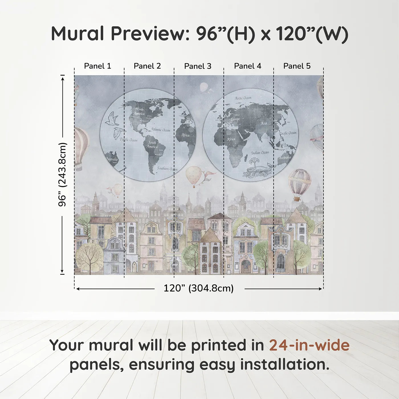 Whimsy Tots Vintage City and World Map Wall Mural in Bluedimension view (96" H x 120" W). Printed in five 24-inch-wide panels. Gender-Neutral
