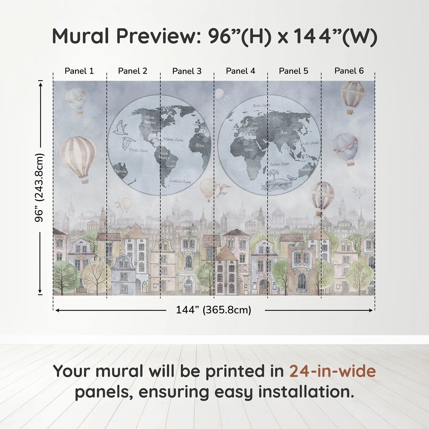Whimsy Tots Vintage City and World Map Wall Mural in Bluedimension view (96" H x 144" W). Printed in six 24-inch-wide panels. Gender-Neutral