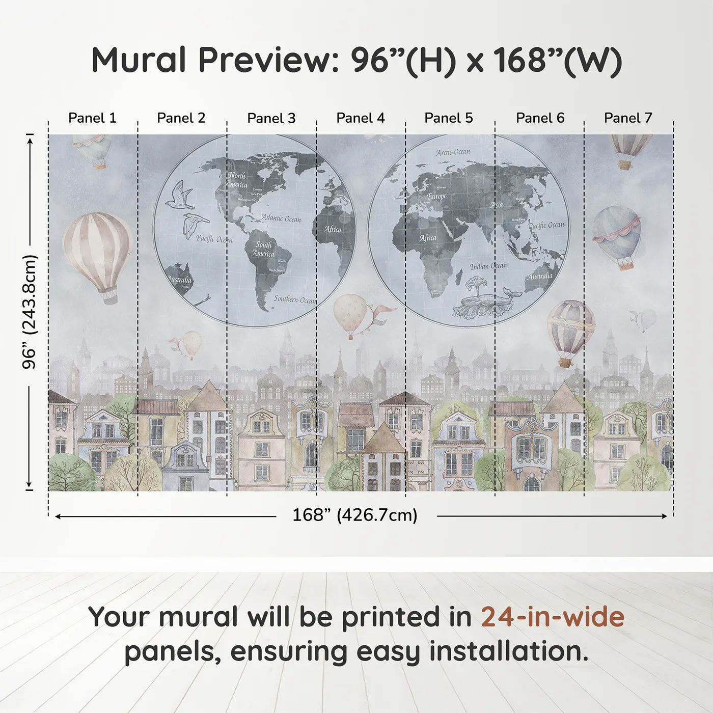 Whimsy Tots Vintage City and World Map Wall Mural in Bluedimension view (96" H x 168" W). Printed in seven 24-inch-wide panels. Gender-Neutral