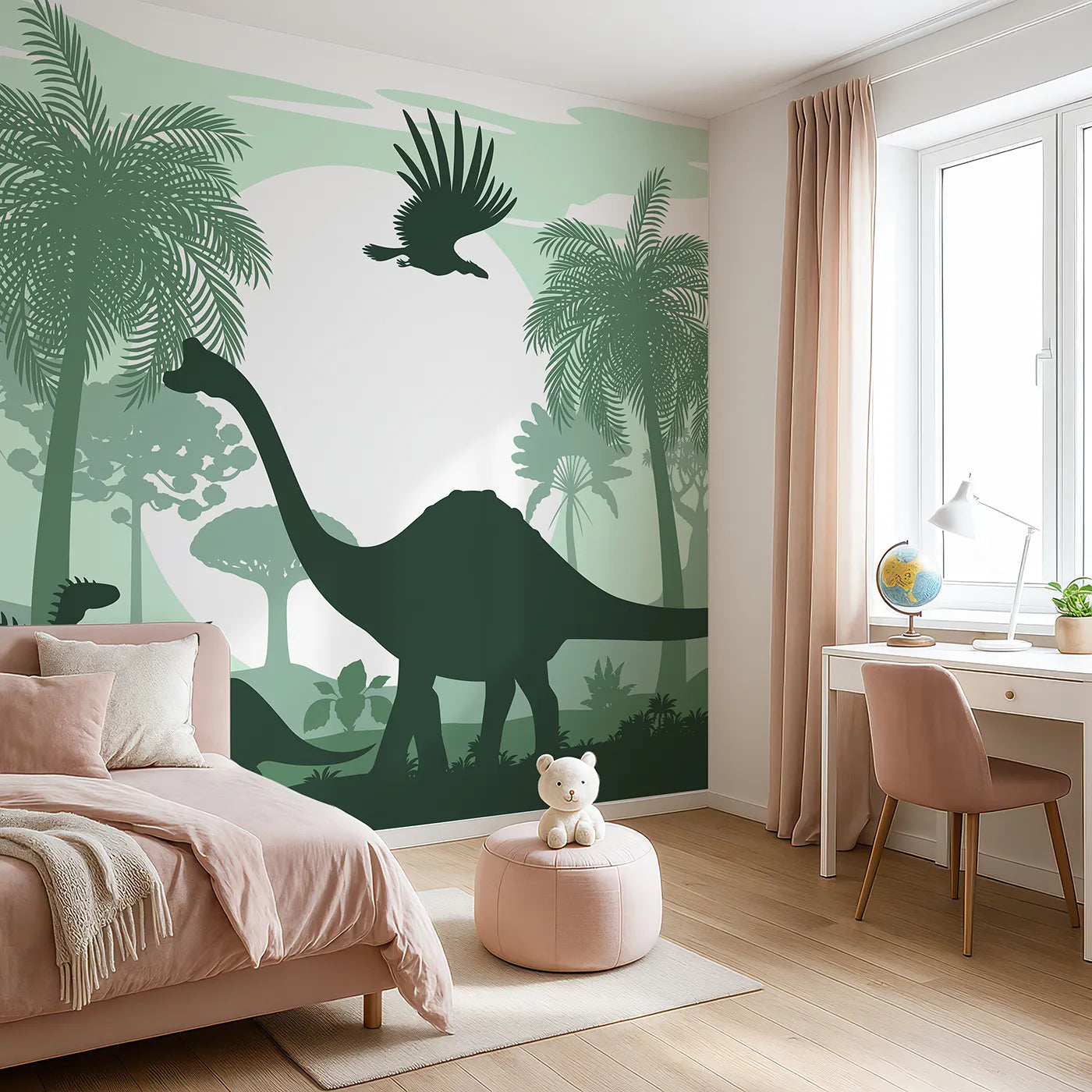 Angled view of Whimsy Tots' Green Dinosaur Silhouette Panorama Wall Mural (Turn Their Room into a Lush and Layered Prehistoric World).Gender-Neutral