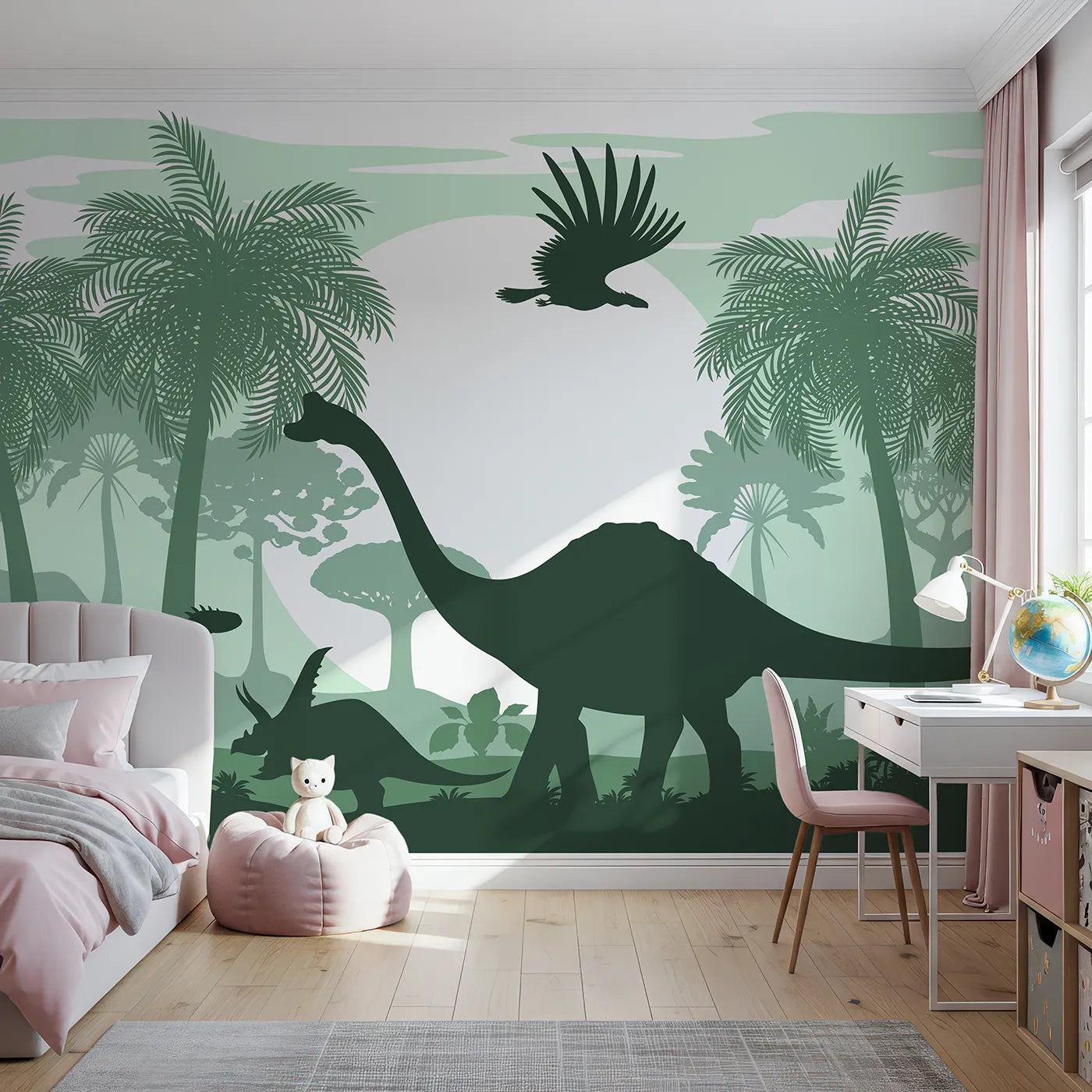 Front view of Whimsy Tots' Green Dinosaur Silhouette Panorama Wall Mural