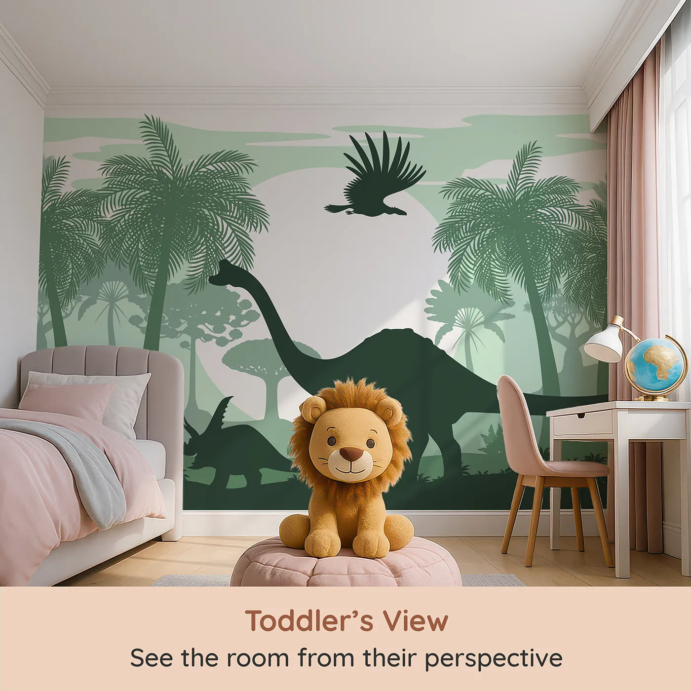Whimsy Tots Green Dinosaur Silhouette Panorama Wall Mural (Turn Their Room into a Lush and Layered Prehistoric World) from your child's view.Gender-Neutral