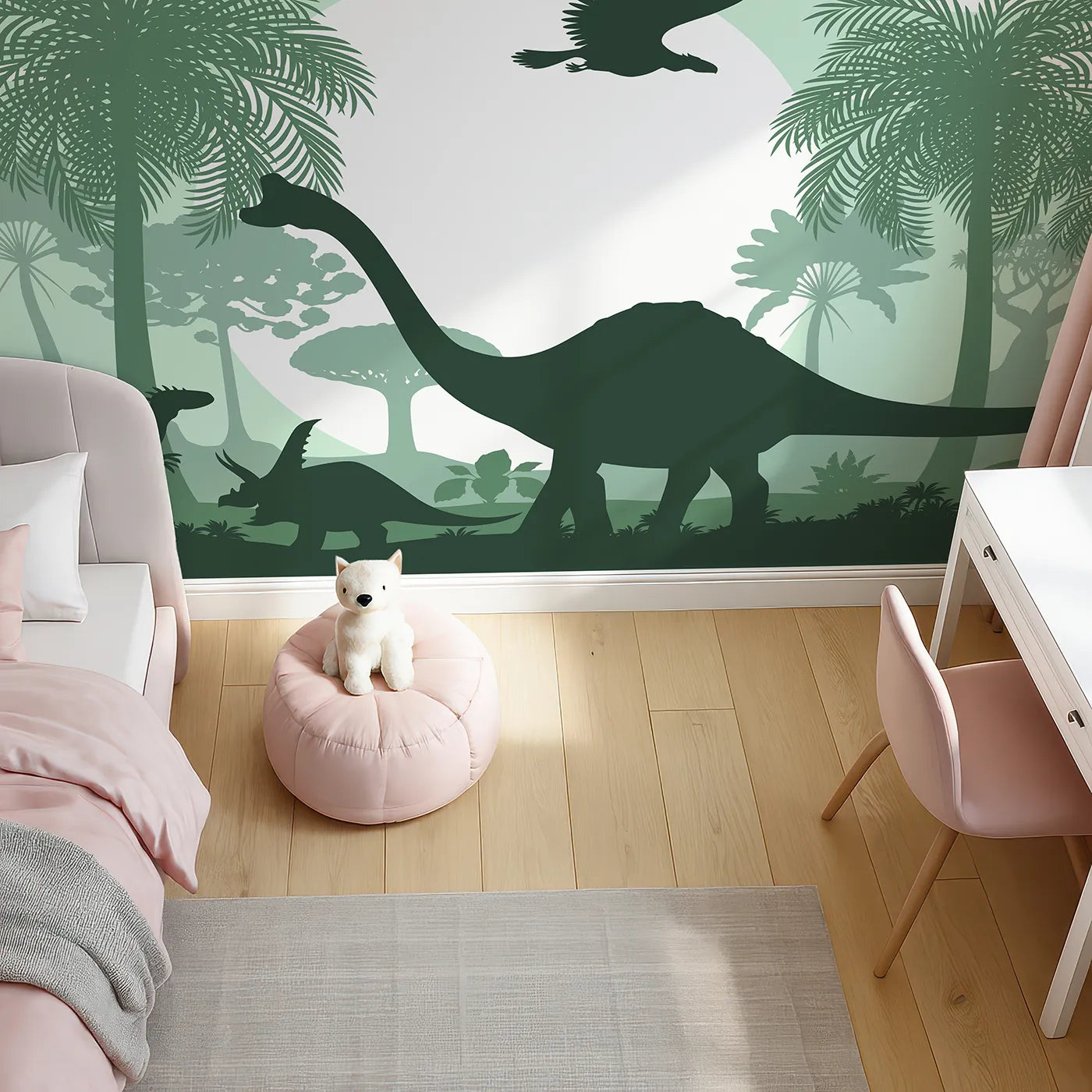 Top-down view of Whimsy Tots' Green Dinosaur Silhouette Panorama Wall Mural (Turn Their Room into a Lush and Layered Prehistoric World).Gender-Neutral