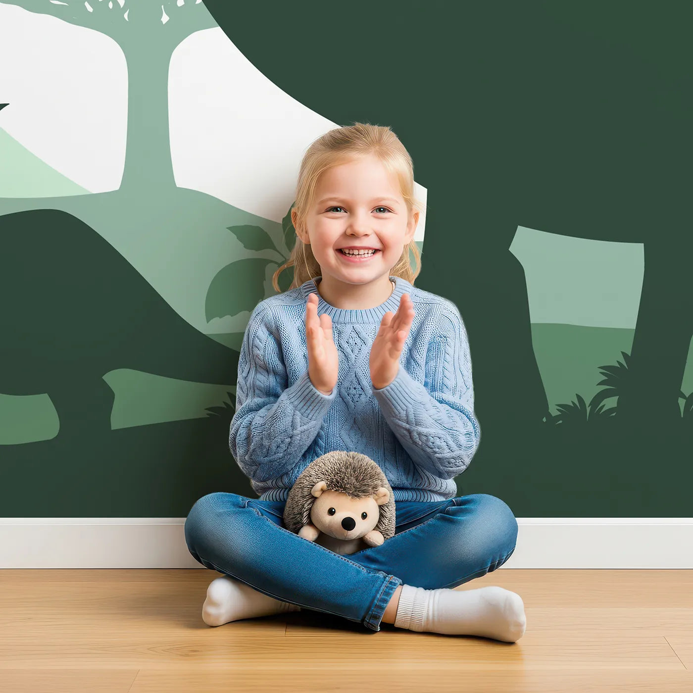 Child in front of Whimsy Tots Green Dinosaur Silhouette Panorama Wall Mural with dinosaur, silhouette, jungle, prehistoric, green, nature, landscape, tropical in design.