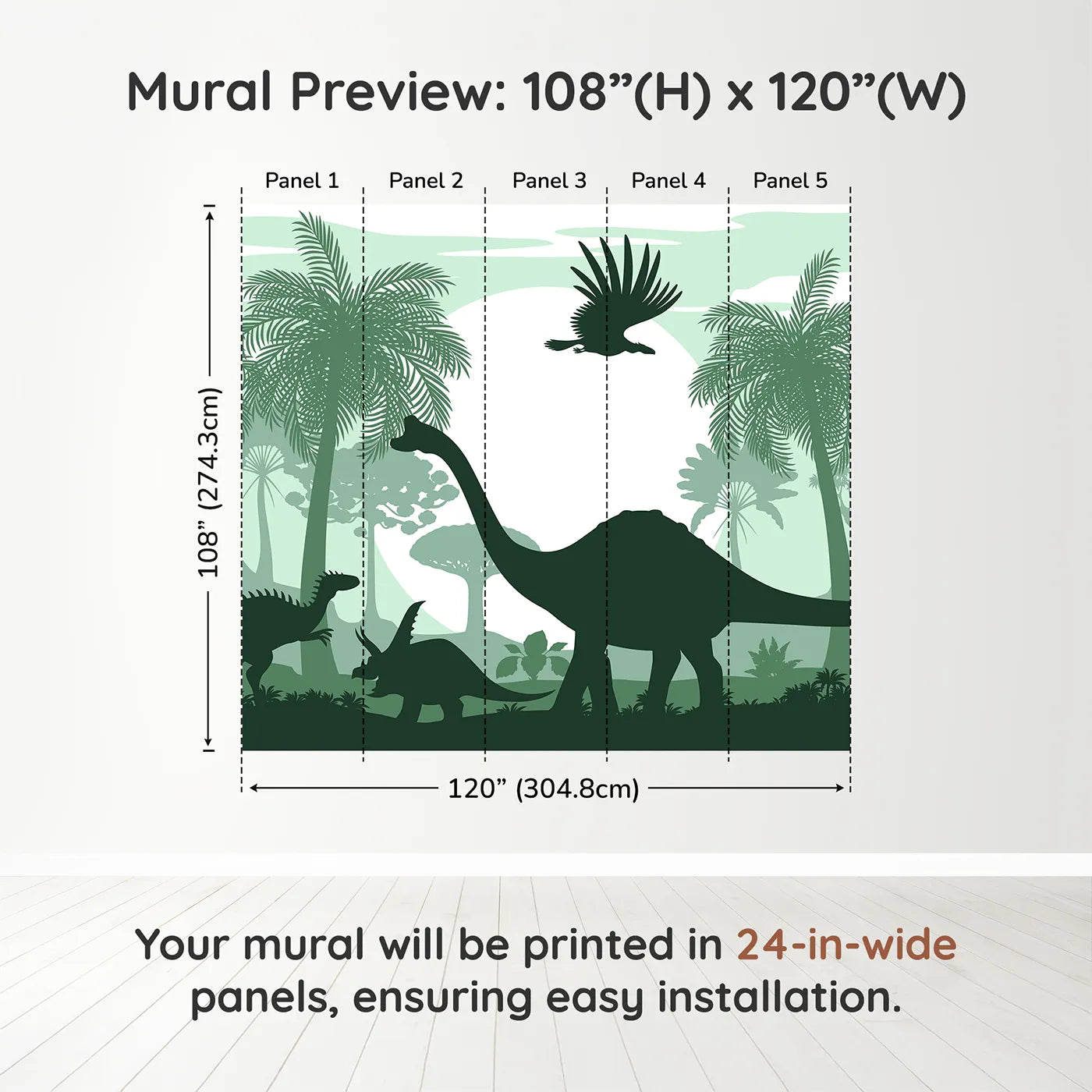 Whimsy Tots Green Dinosaur Silhouette Panorama Wall Muraldimension view (108" H x 120" W). Printed in five 24-inch-wide panels. Gender-Neutral