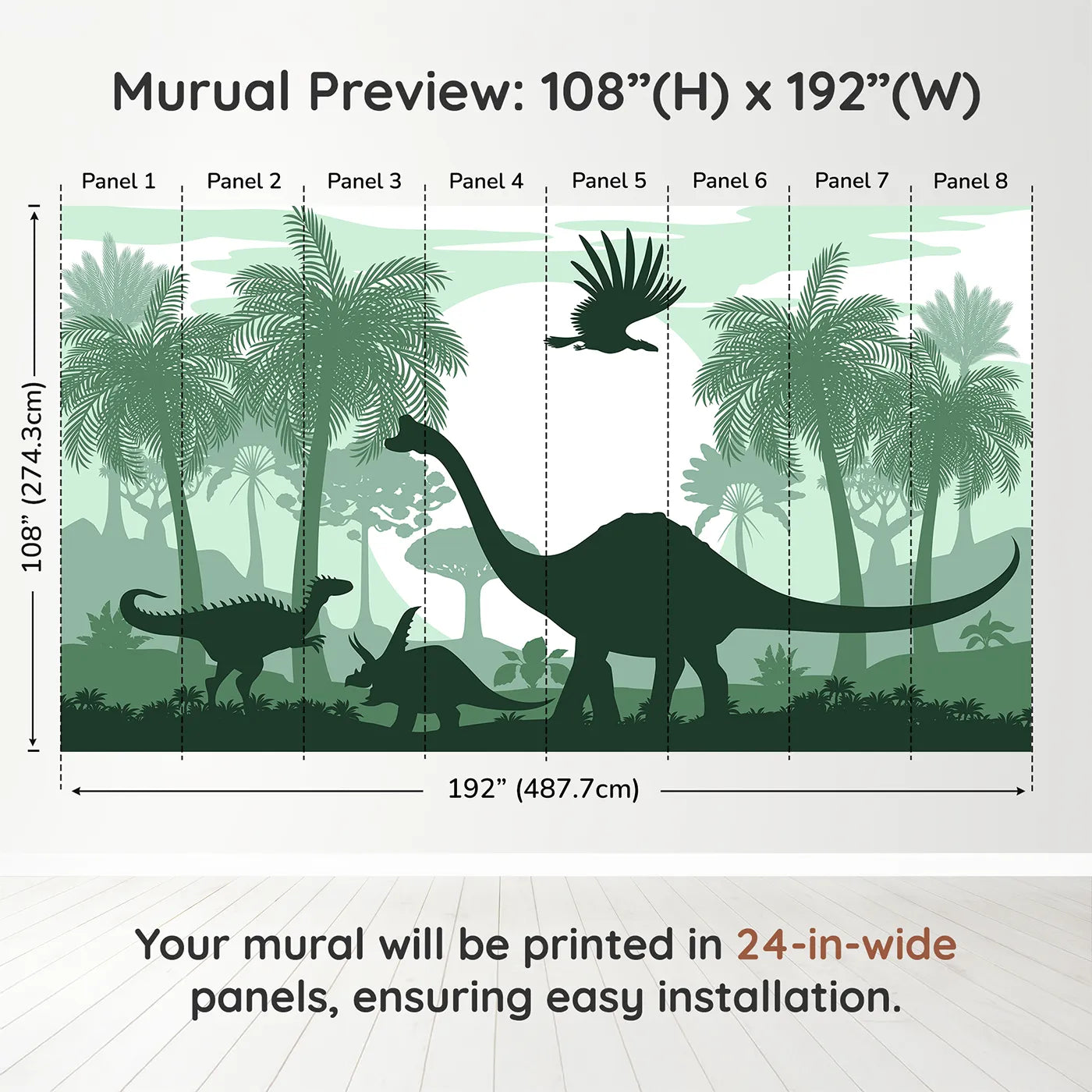 Whimsy Tots Green Dinosaur Silhouette Panorama Wall Muraldimension view (108" H x 192" W). Printed in eight 24-inch-wide panels. Gender-Neutral
