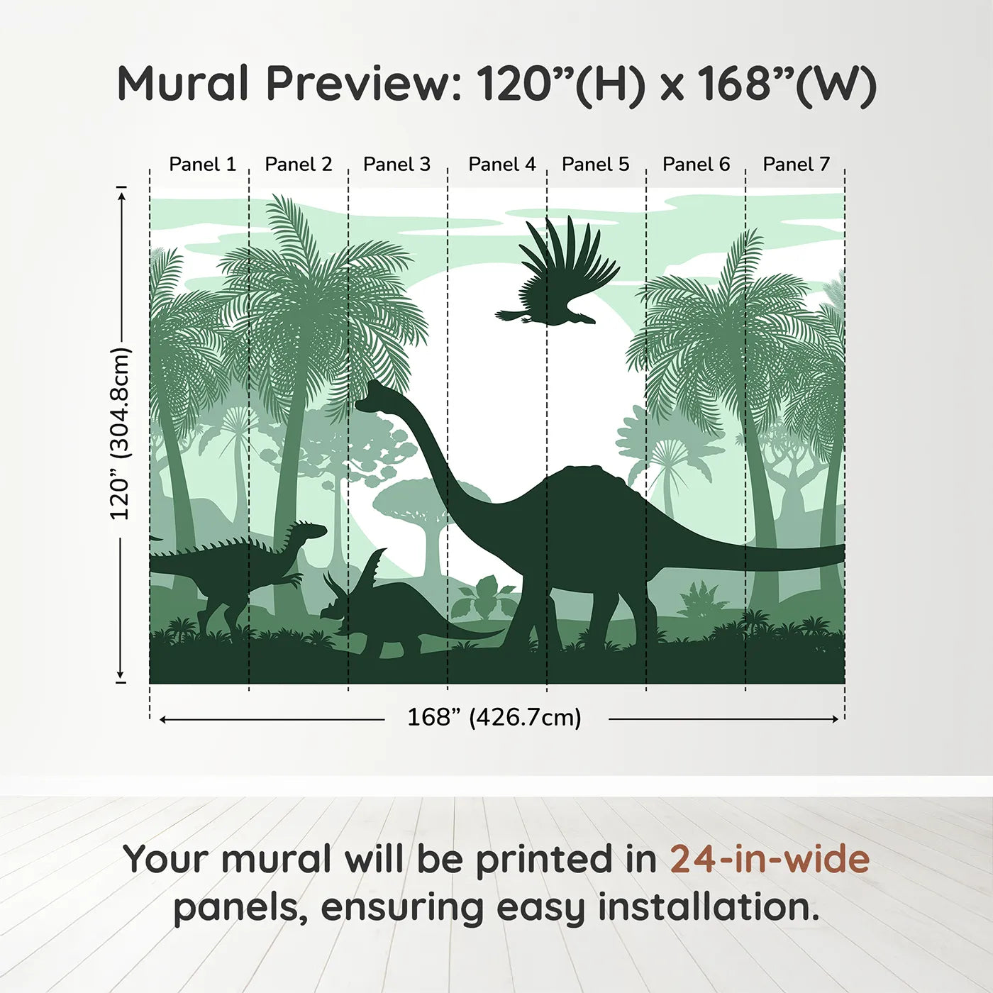 Whimsy Tots Green Dinosaur Silhouette Panorama Wall Muraldimension view (120" H x 168" W). Printed in seven 24-inch-wide panels. Gender-Neutral