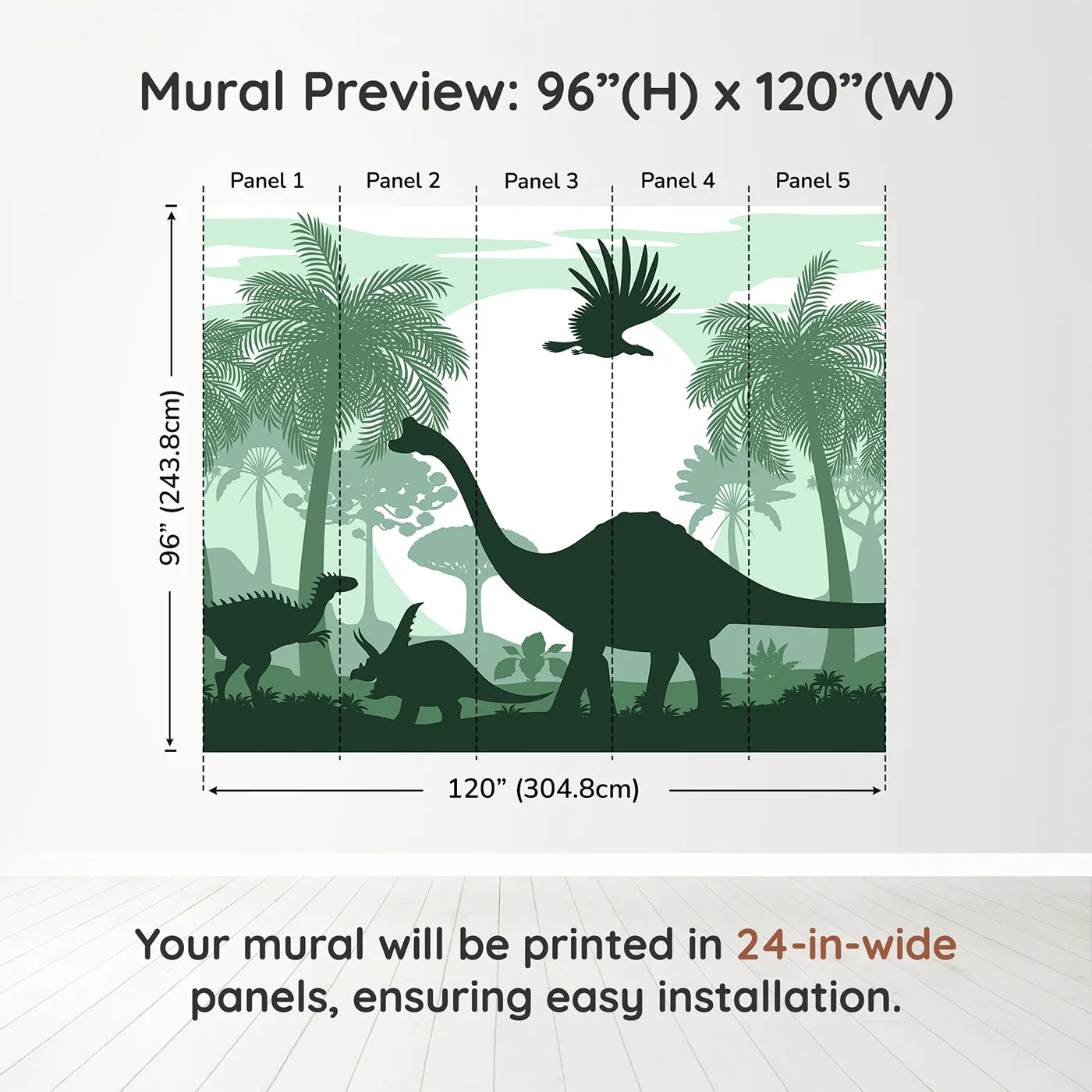 Whimsy Tots Green Dinosaur Silhouette Panorama Wall Muraldimension view (96" H x 120" W). Printed in five 24-inch-wide panels. Gender-Neutral