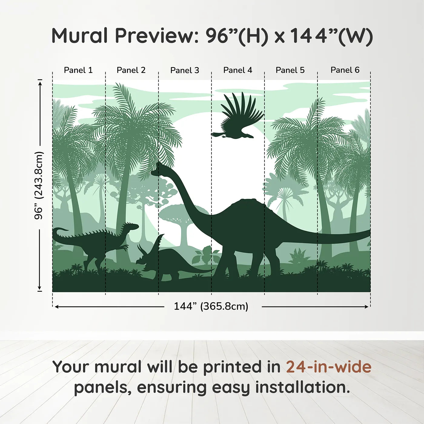 Whimsy Tots Green Dinosaur Silhouette Panorama Wall Muraldimension view (96" H x 144" W). Printed in six 24-inch-wide panels. Gender-Neutral