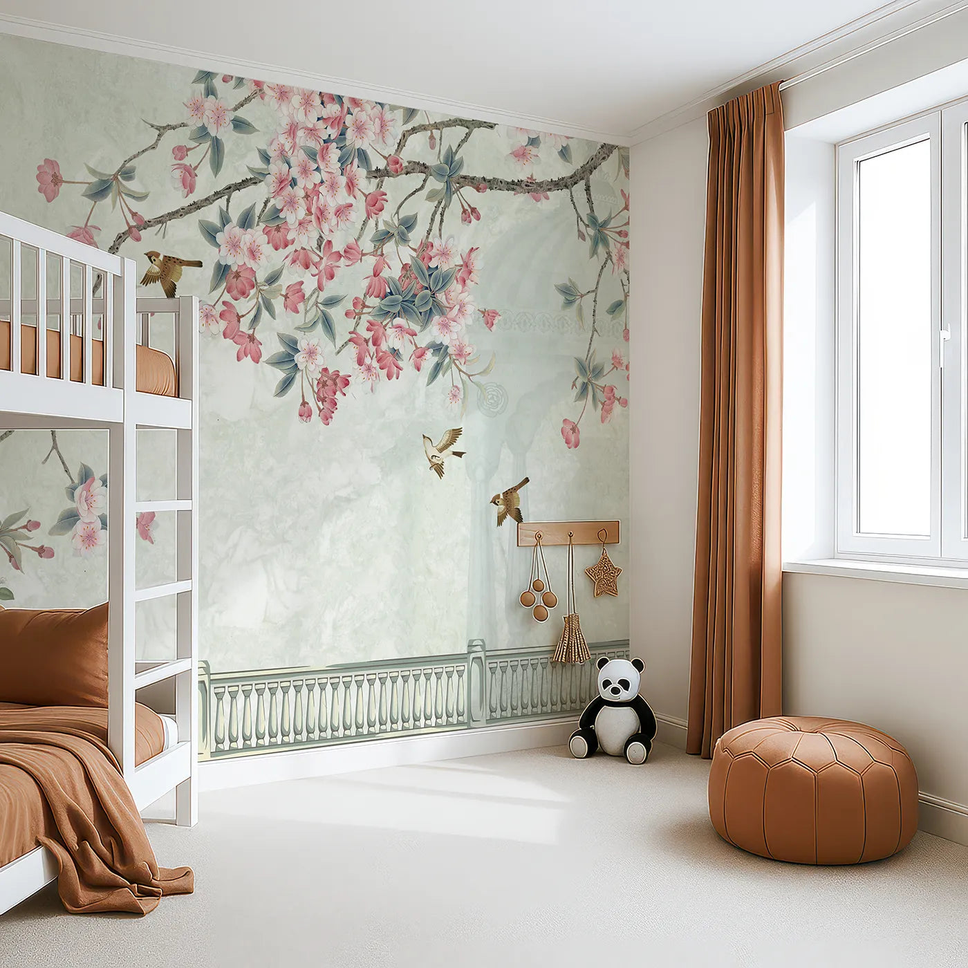 Angled view of Whimsy Tots' Chinoiserie Balcony Wall Mural (Turn Their Room into an Elegant, Sun-Drenched Garden).Gender-Neutral