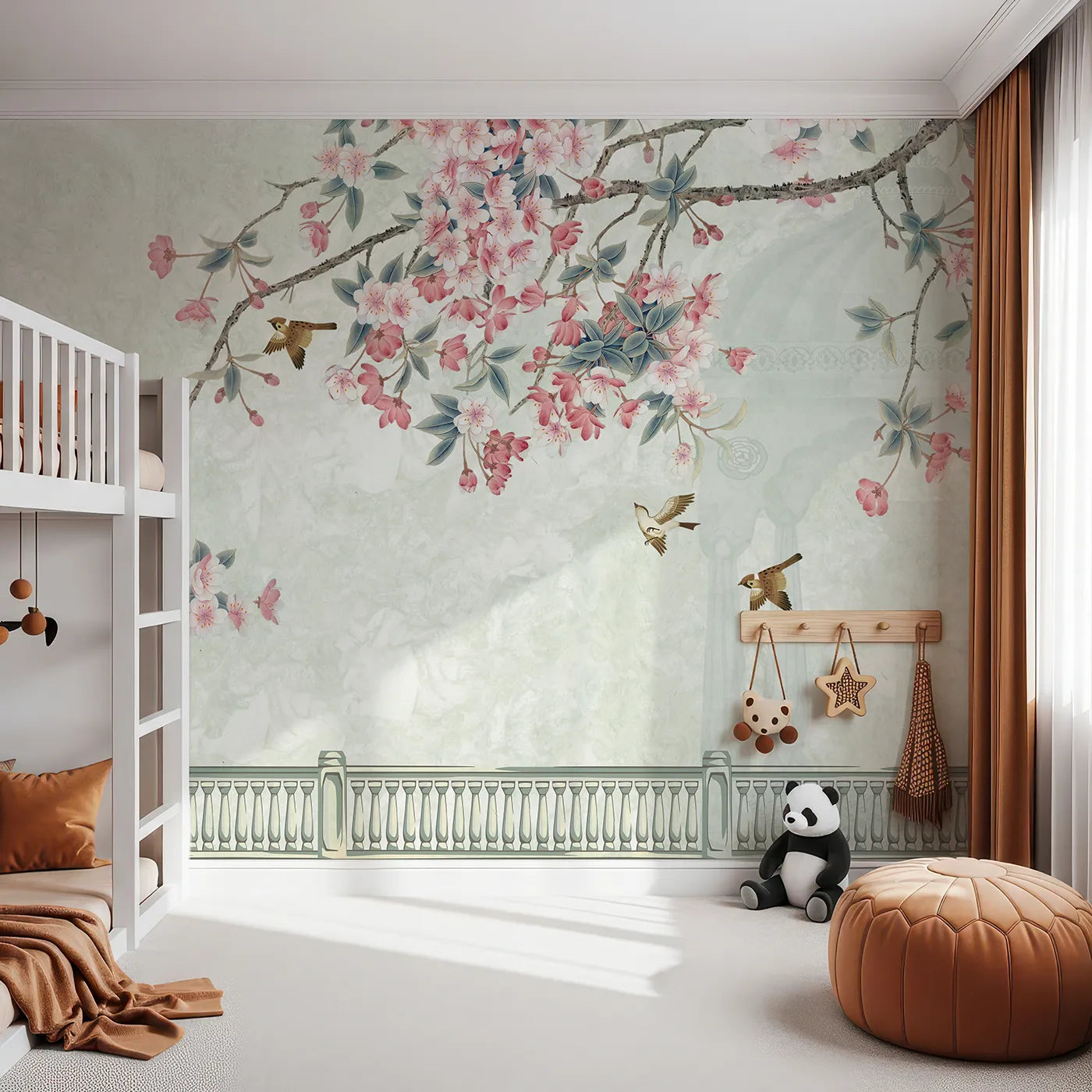 Front view of Whimsy Tots' Chinoiserie Balcony Wall Mural