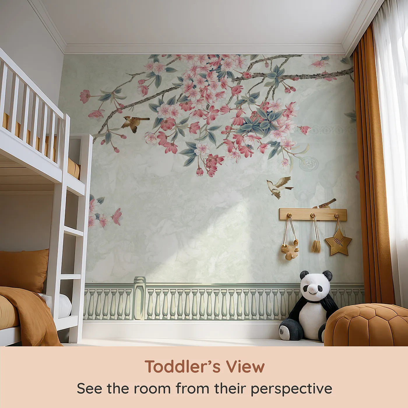 Whimsy Tots Chinoiserie Balcony Wall Mural (Turn Their Room into an Elegant, Sun-Drenched Garden) from your child's view.Gender-Neutral